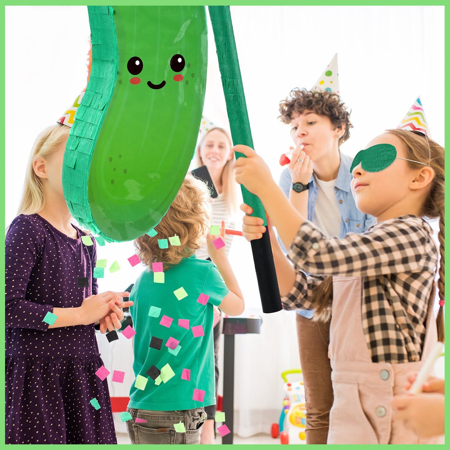 Sonwyoung Cucumber Theme Piñata for Kids - 15.7"x6.7"x2.8" Green Paper with Bat, Blindfold & Confetti for Parties and Baby Showers