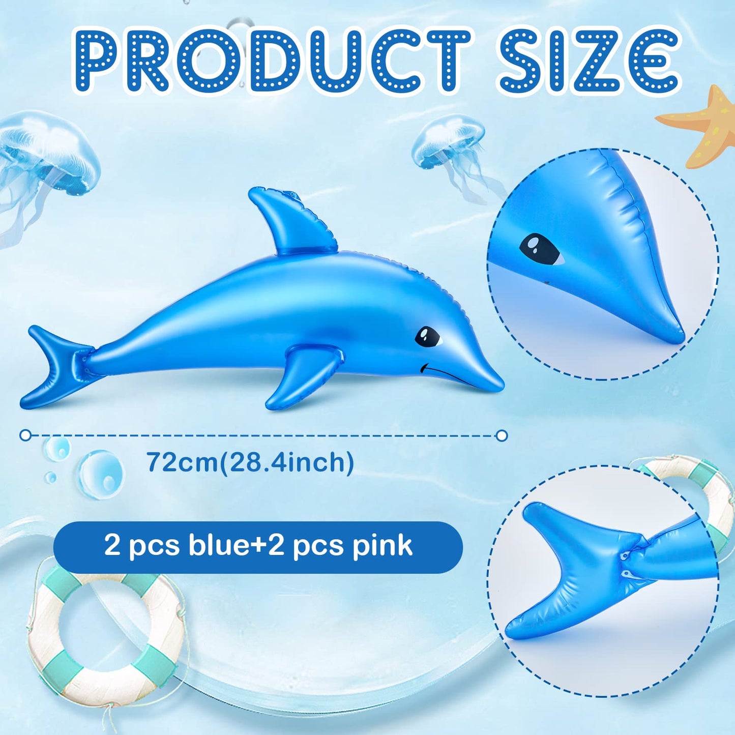 Wettarn 4 Pcs 28.4'' Inflatable Animals Dolphin Inflatable Pool Toy Inflatable Dolphin Toy For Dolphin Party Decorations Summer Pool Supplies Favors Birthday Gifts Poolside Themed Decor, Pink And Blue
