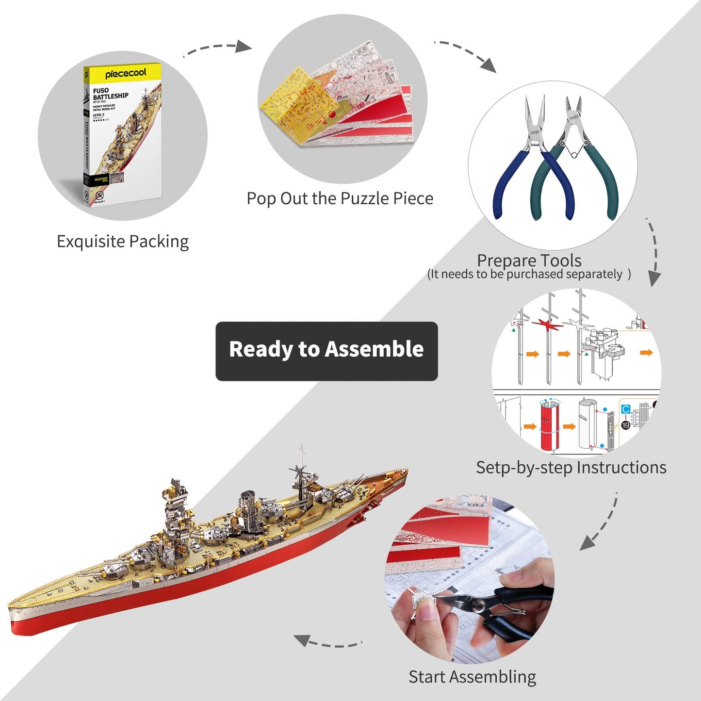 Piececool 3D Metal Puzzle Warship Model Kits, Fuso Battleship Military Watercraft Model Building Kits For Adults, Diy 3D Brain Teaser Puzzle Toys For Famliy Time, Great Gift-330 Pcs