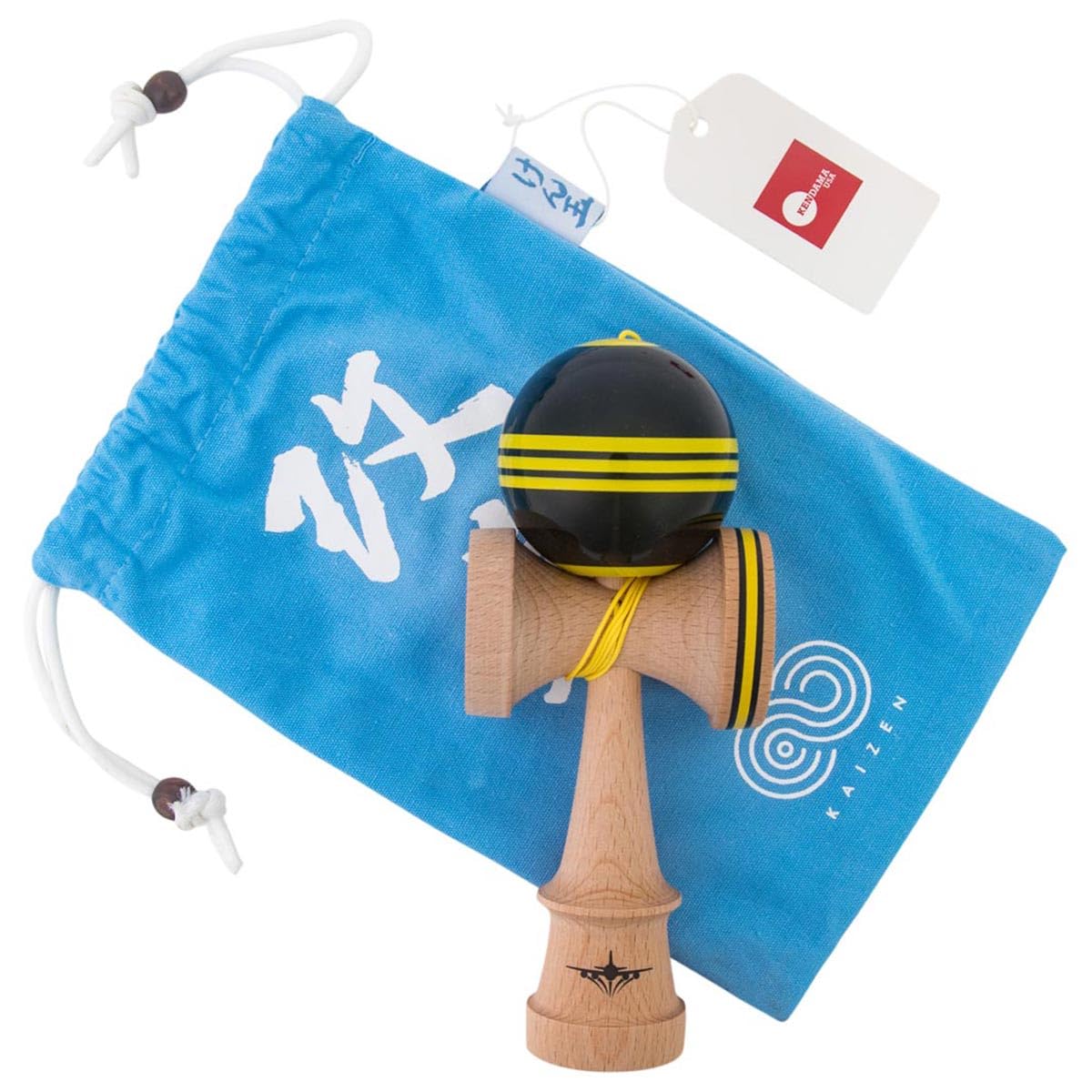 Kendama Usa - Kaizen Triple Stripe Kendama - Jet Shape, Black & Yellow, Includes Kendama, Extra-Long String, Kusa Spinner Bearin