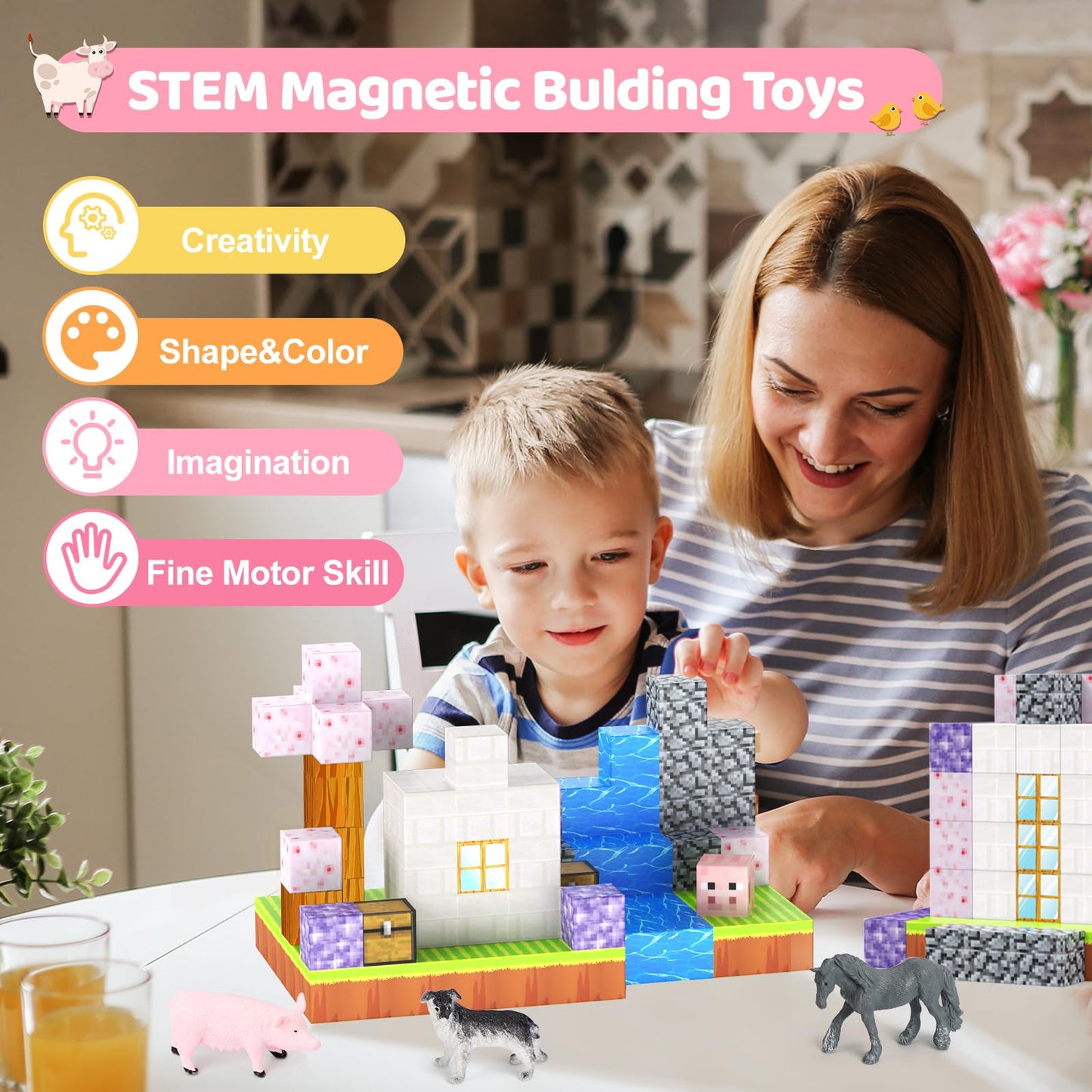 Dulsaera Magnetic Blocks 110Pcs With 6 Animal Toys, Mine Magnet World Building Blocks Set, Toys For Boys & Girls Age 4-6,6-8, St