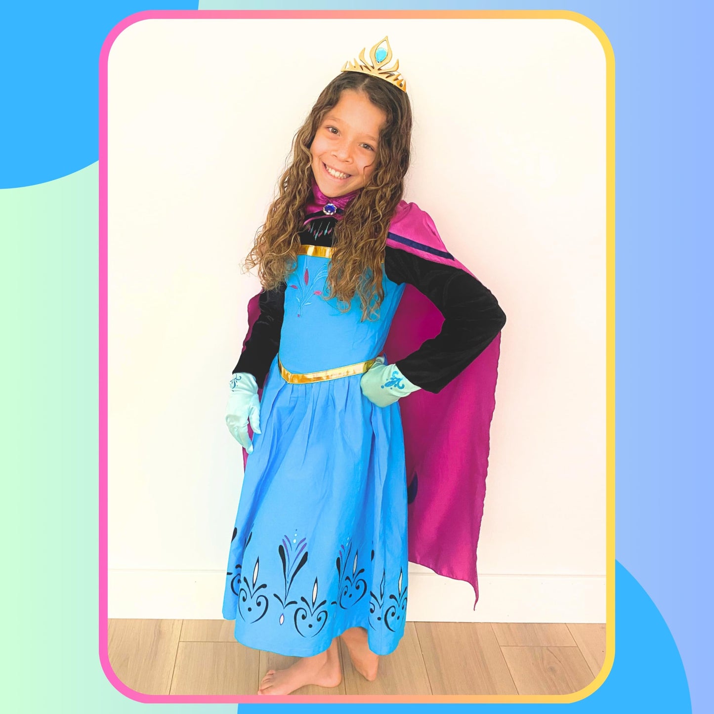 Cokos Box Girls Coronation Dress Costume Cape Gloves Tiara Crown Accessories Kids Set, Blue-Purple, 6 Years