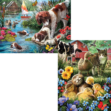 Bits And Pieces – Value Set Of Two 500 Piece Jigsaw Puzzles For Adults – Cat Nap, Puppy Swimming Jigsaw Puzzles By Artist Larry Jones, Completed Puzzle Size: 18' X 24'