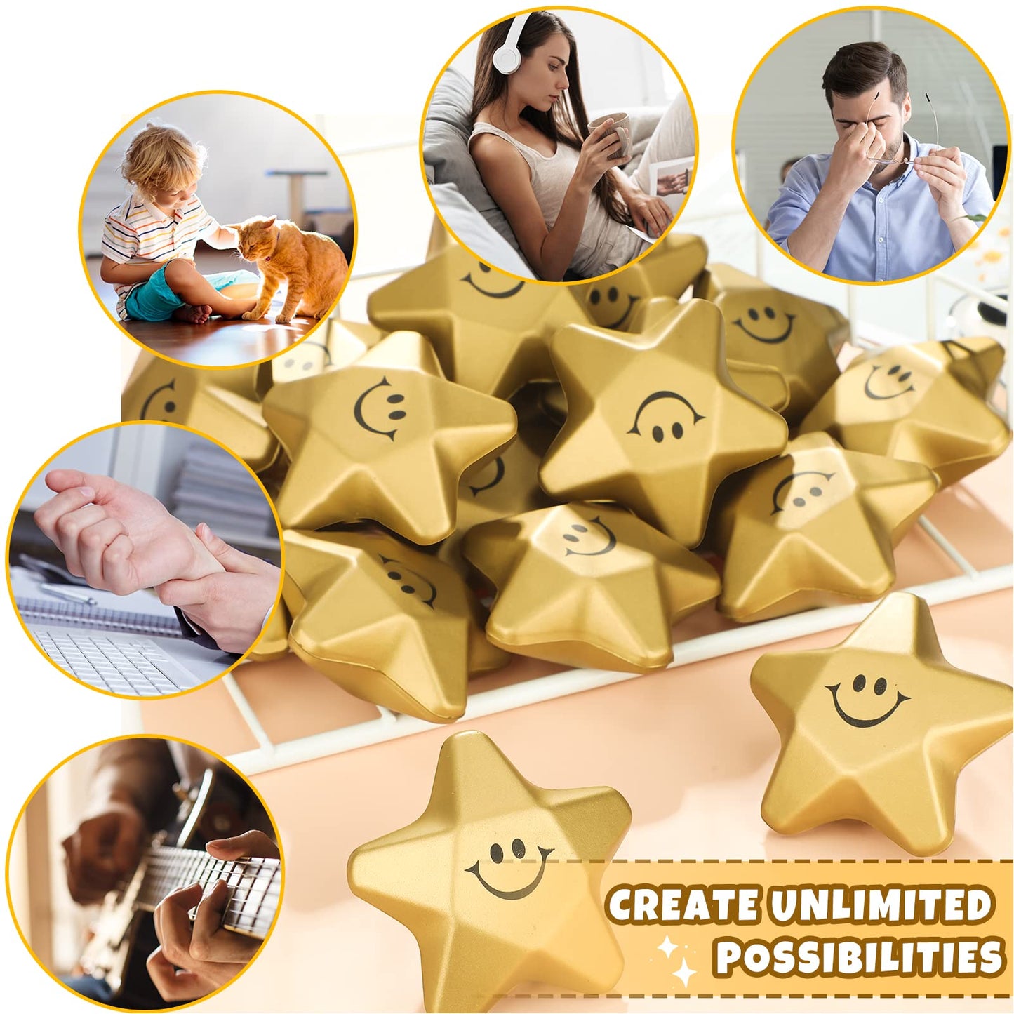 36 Pieces Star Stress Balls Star Mini Foam Ball Stress Relief Star Balls Star Stress Toys For Teens Adults Student Bag Fillers, Gold (Smile, 3.1 Inch)