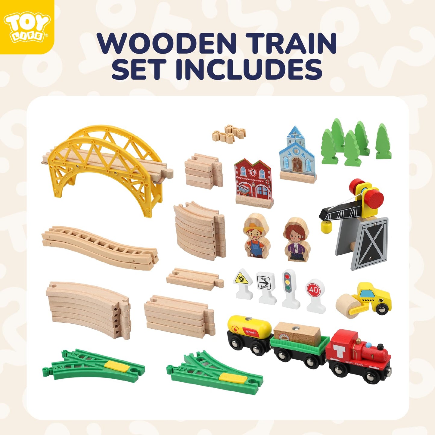 Toy Life Train Set 60Pcs Wooden Train Set With Crane, Wooden Train Tracks Toy Train Set For Toddlers 2-4 3-5, Kids Toys For 3 Year Old Boys - Fits Thomas Brio Melisa Chugginton Train Track Set