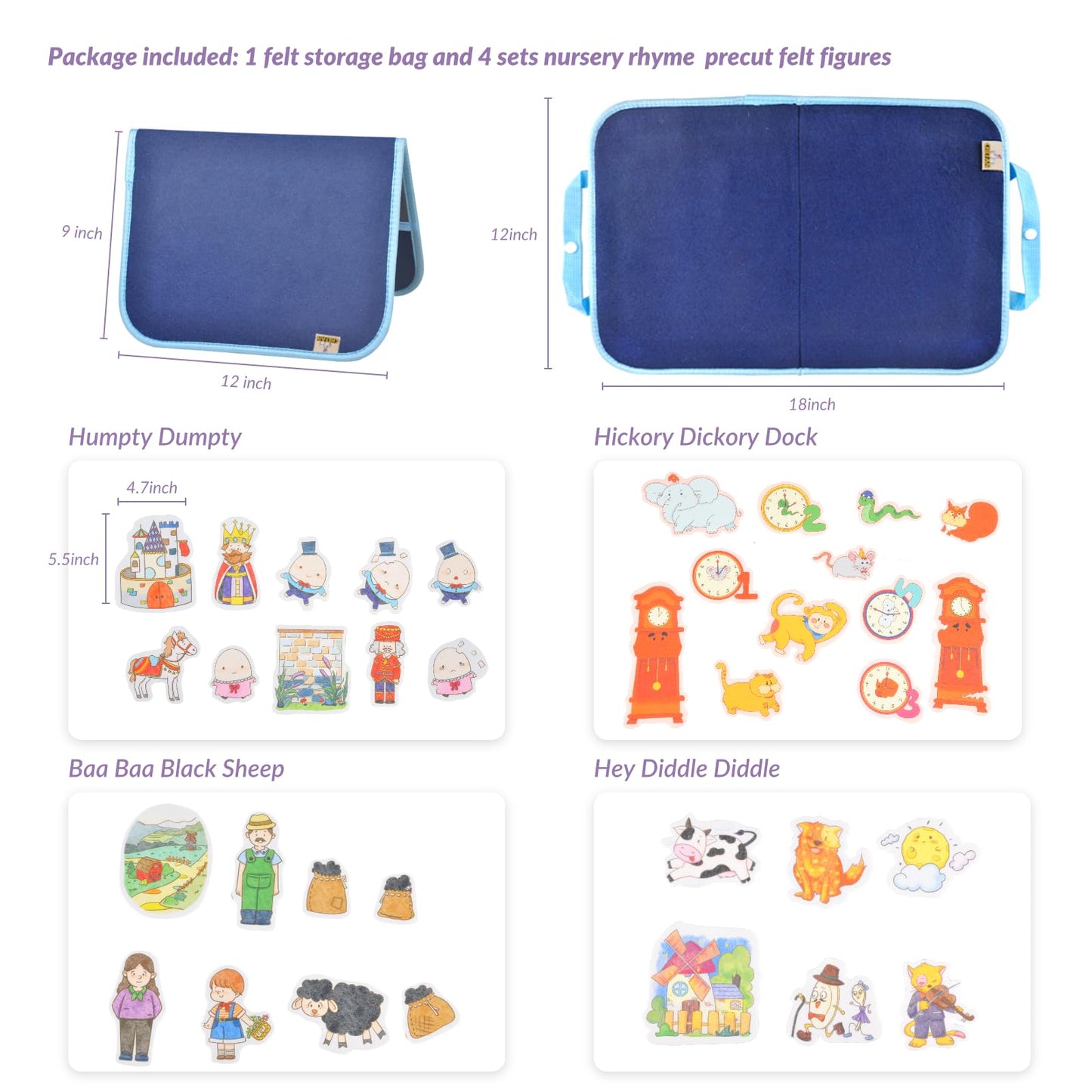 CHEFAN Felt Board for Toddlers, 4 Set Nursery Rhymes Felt Pieces, Precut Flannel Figures, Humpty Dumpty,Hey Diddle Diddle,Hickor