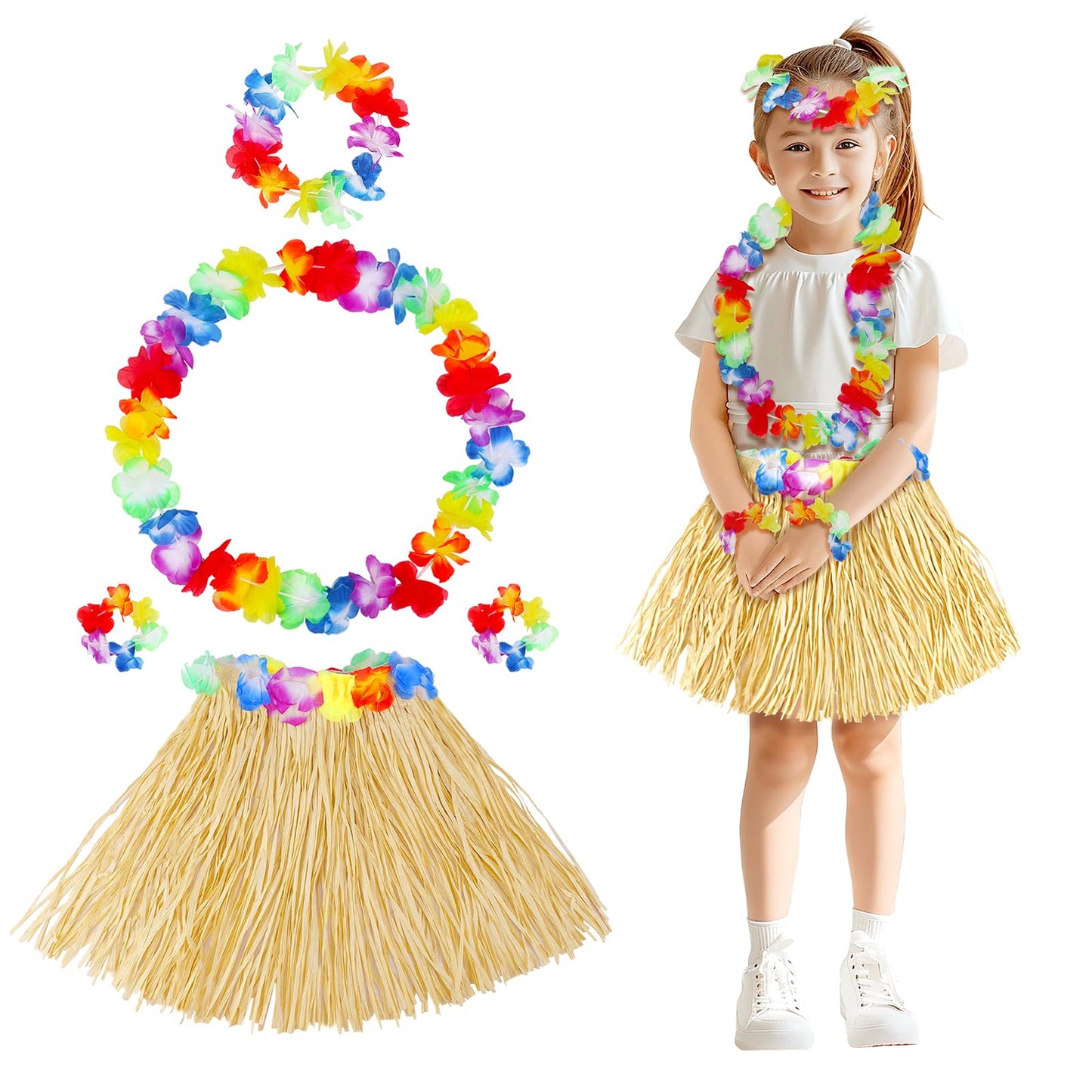 Fortuning'S Jds Girl'S Hawaiian Hula Grass Skirt With Flowers Costume Set Raffia Skirt For Luau Tropical Beach Party