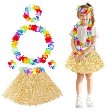 Fortuning'S Jds Girl'S Hawaiian Hula Grass Skirt With Flowers Costume Set Raffia Skirt For Luau Tropical Beach Party