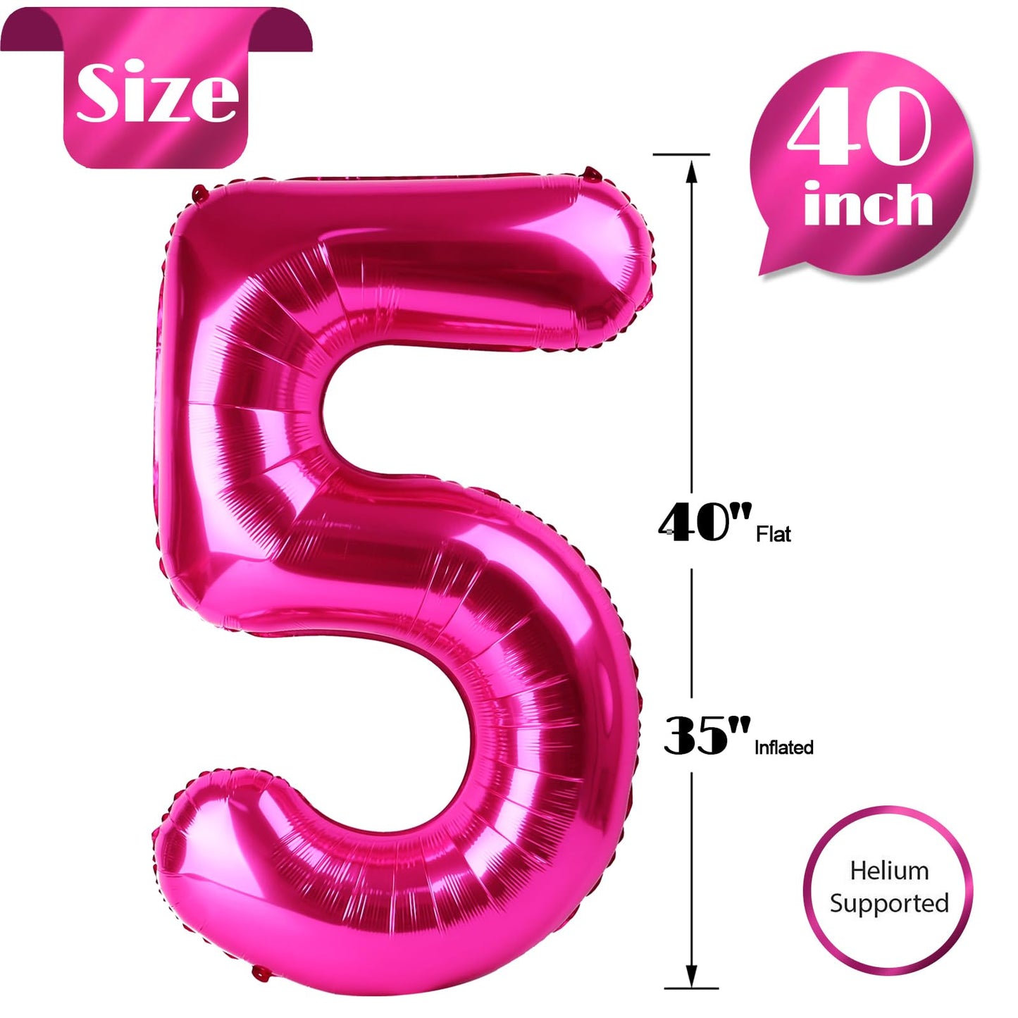 Hot Pink Number 5 Balloon 40 Inch, 5 Balloon Number, 5Th Birthday Decorations, Hot Pink Party Supplies For Boys Girls