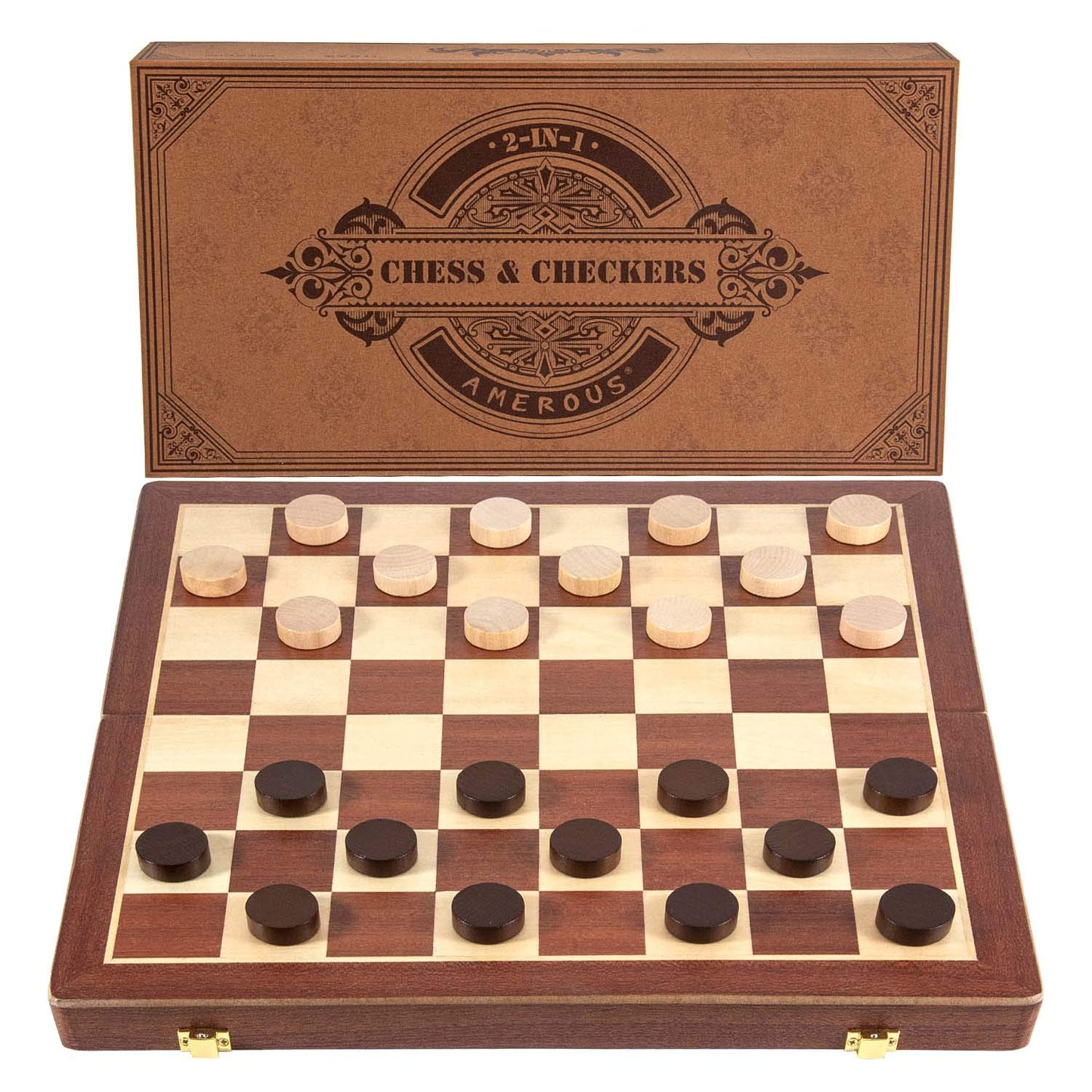 Amerous 15 Inches Magnetic Wooden Chess & Checkers Set (2 In 1) - Folding Board -Gift Box Packed -24 Cherkers Pieces -2 Extra Queens, Beginner Chess Set For Kids And Adults