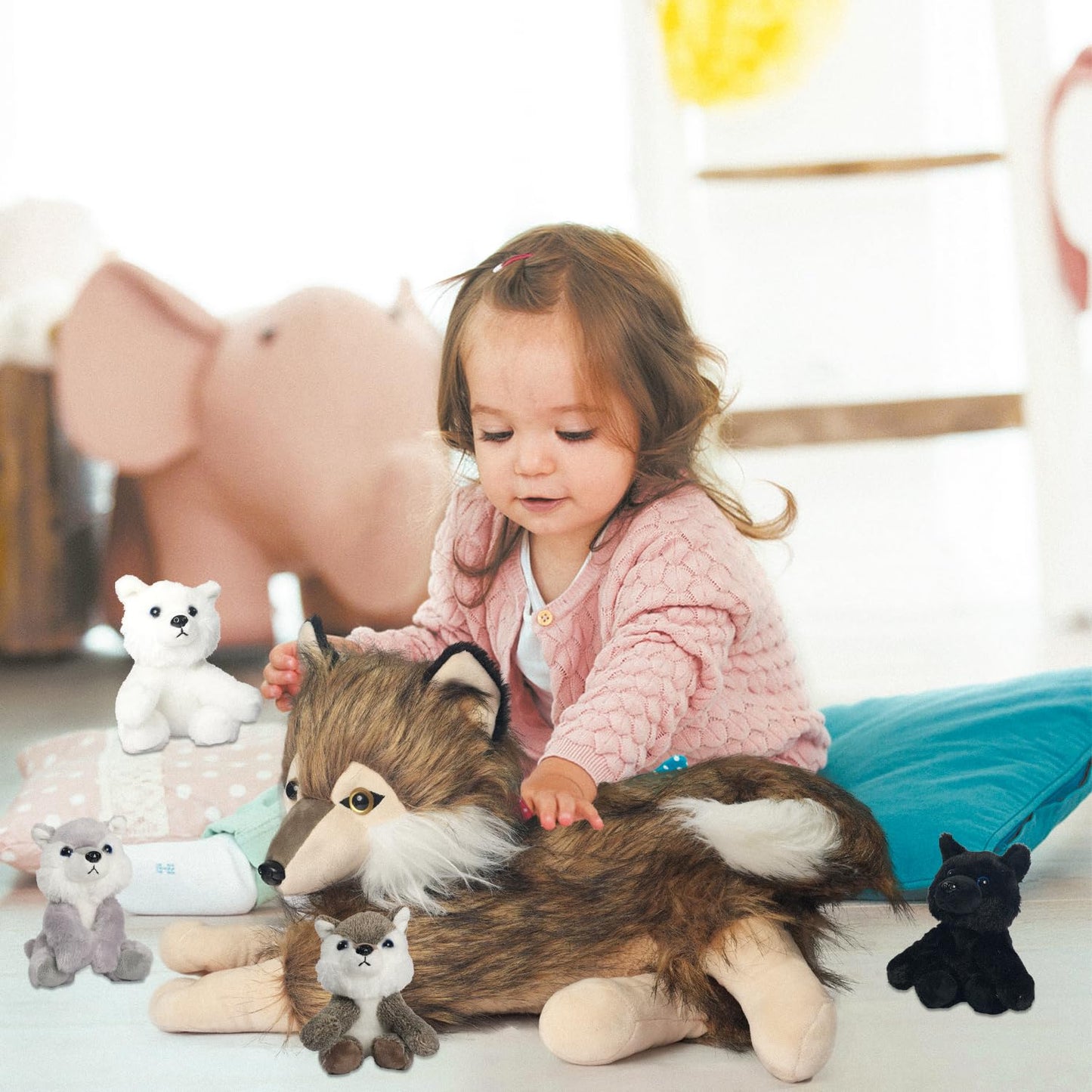 5Pcs Wolf Stuffed Animal Plush Wolf Toys Inside 16 Inch Mommy Wolf Plush With 4 Cute Baby Wolves In Her Zippered Tummy Soft Wolf