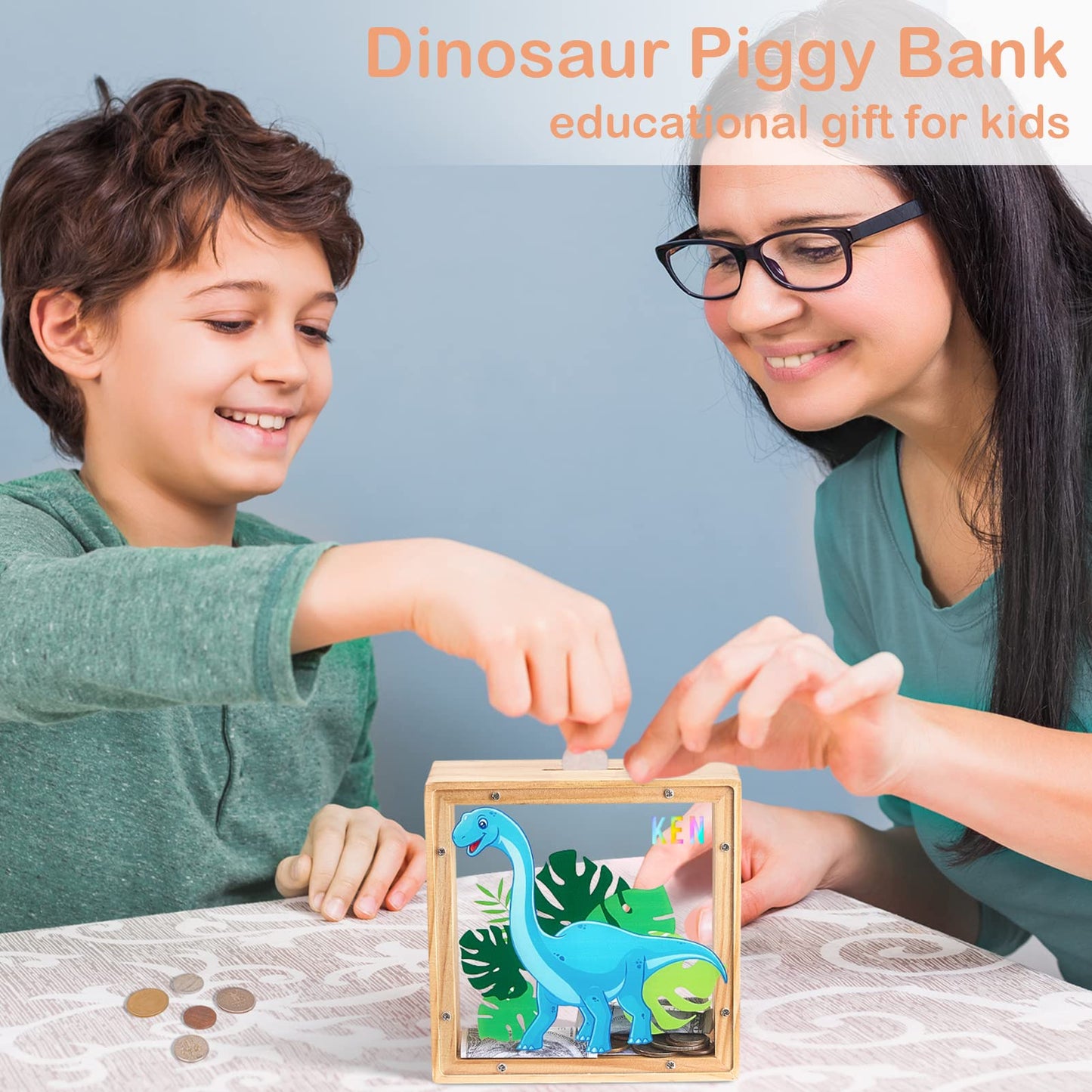 Piggy Bank For Boys, Wooden Dinosaur Piggy Bank For Kids Cartoon Money Bank Coin Bank With Diy Alphabet Stickers, Blue