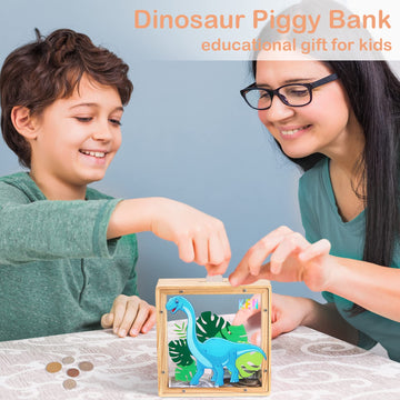 Piggy Bank For Boys, Wooden Dinosaur Piggy Bank For Kids Cartoon Money Bank Coin Bank With Diy Alphabet Stickers, Blue