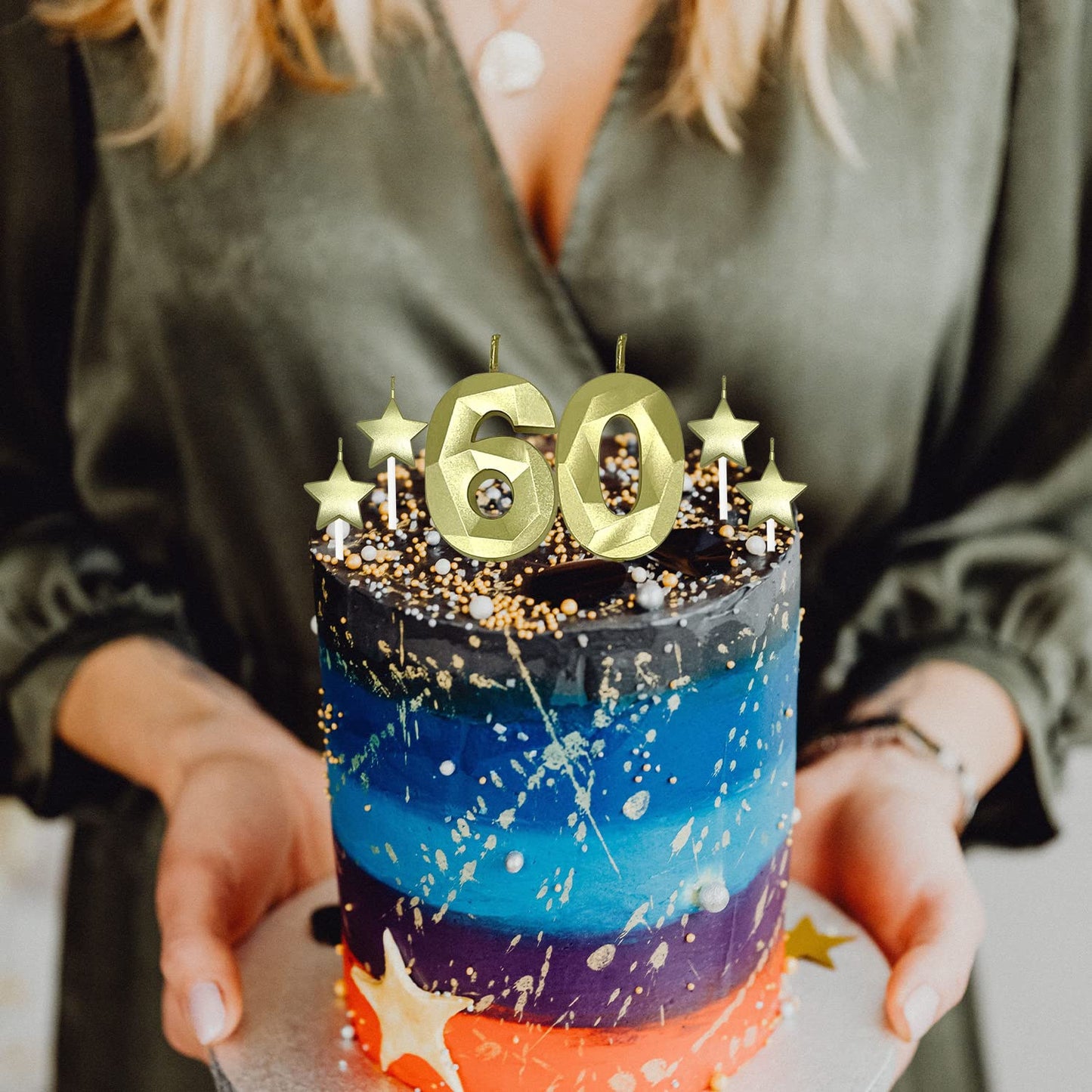 60th Birthday Candles for Cake - Number 60 & 6 & 0 Birthday Candles and Glitter Star Birthday Candles 2 Inch 3D Diamond Shape Nu