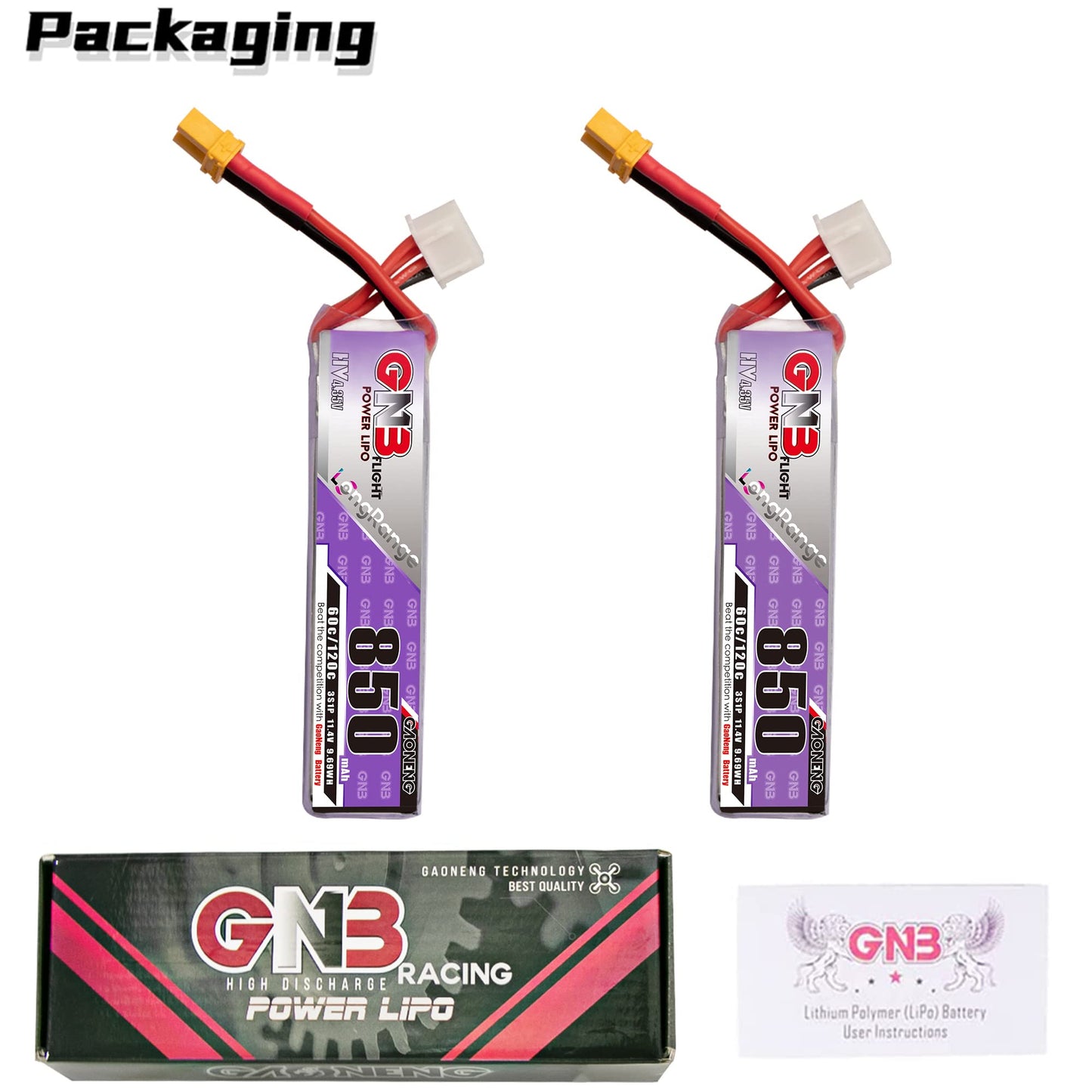 GAONENG 2pcs GNB LiPo Battery 850mAh 3S 11.4V HV 60C 120C Long Range XT30 Connector Long Type for Cinewhoop Mini Micro FPV Frees