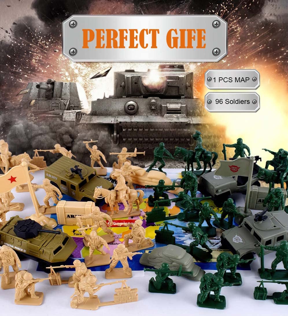 Lynkaye 96 Pcs Various Pose Toy Soldiers Figures With Military Map, Army Men Two Colors Soldiers, Toy Soldiers Action Figures For Kids Children Birthday (96 Pcs Wwii Soldiers)