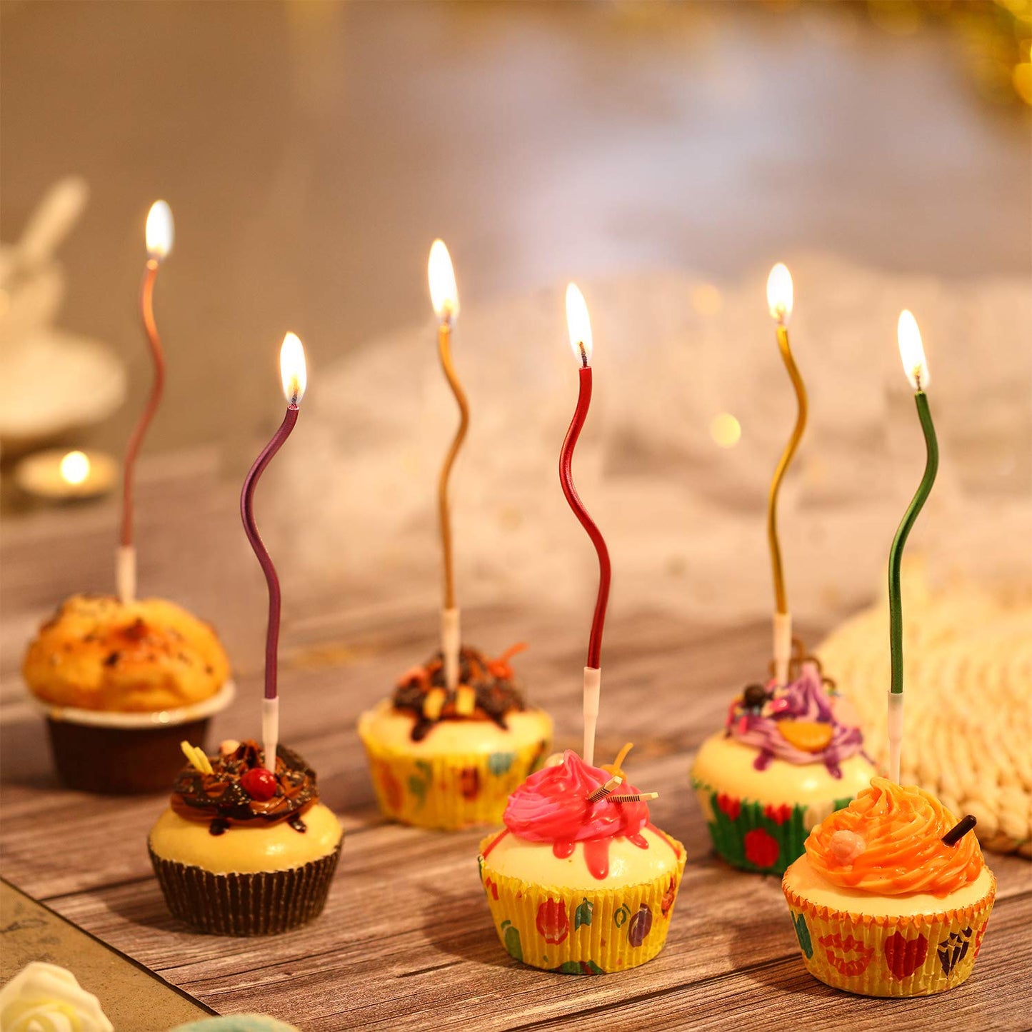 BBTO 48 Pieces Twisty Birthday Spiral Cake Candles with Holders Long Thin Curly Coil Metallic Cake Cupcake Candles for Birthday