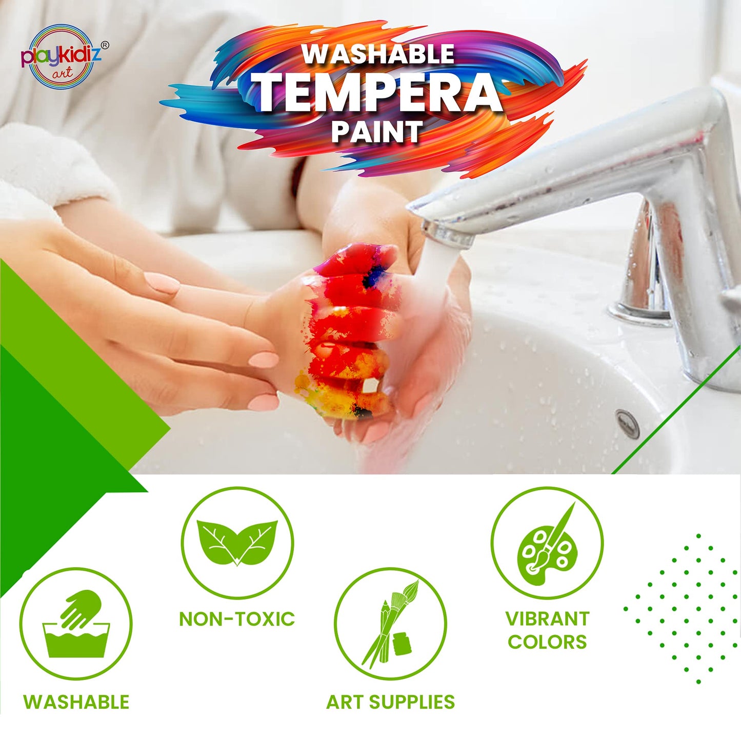 Playkidiz Washable Tempera Paints Set of 18 - Non-Toxic Acrylic Paint for Kids, Assorted Colors, Includes Brushes for Crafting and Creativity