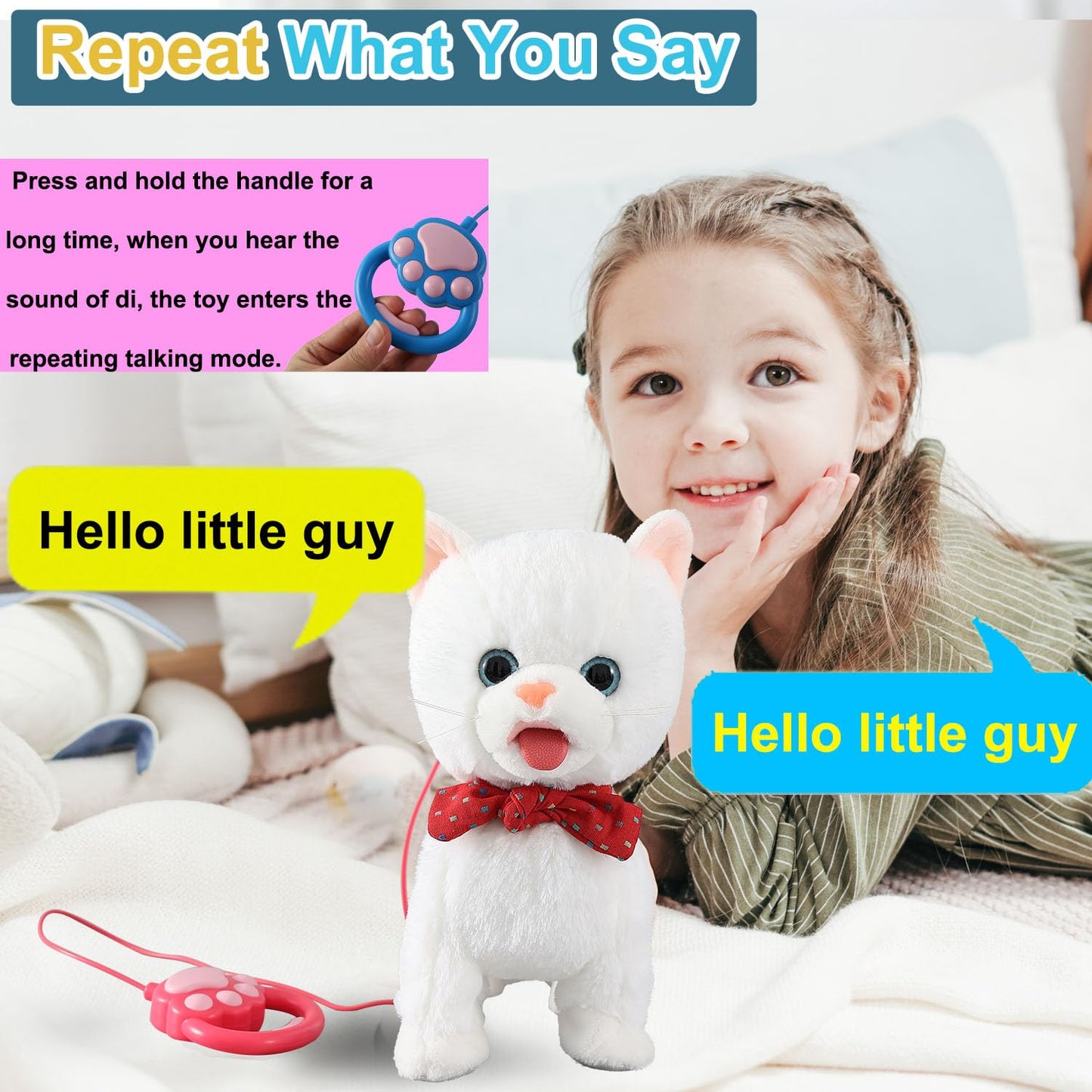 White Leash Walking Cat Set Interactive Talking Cat Singing Dancing Kitten Mimicking Repeat What You Say Kitty Touch and Voice C