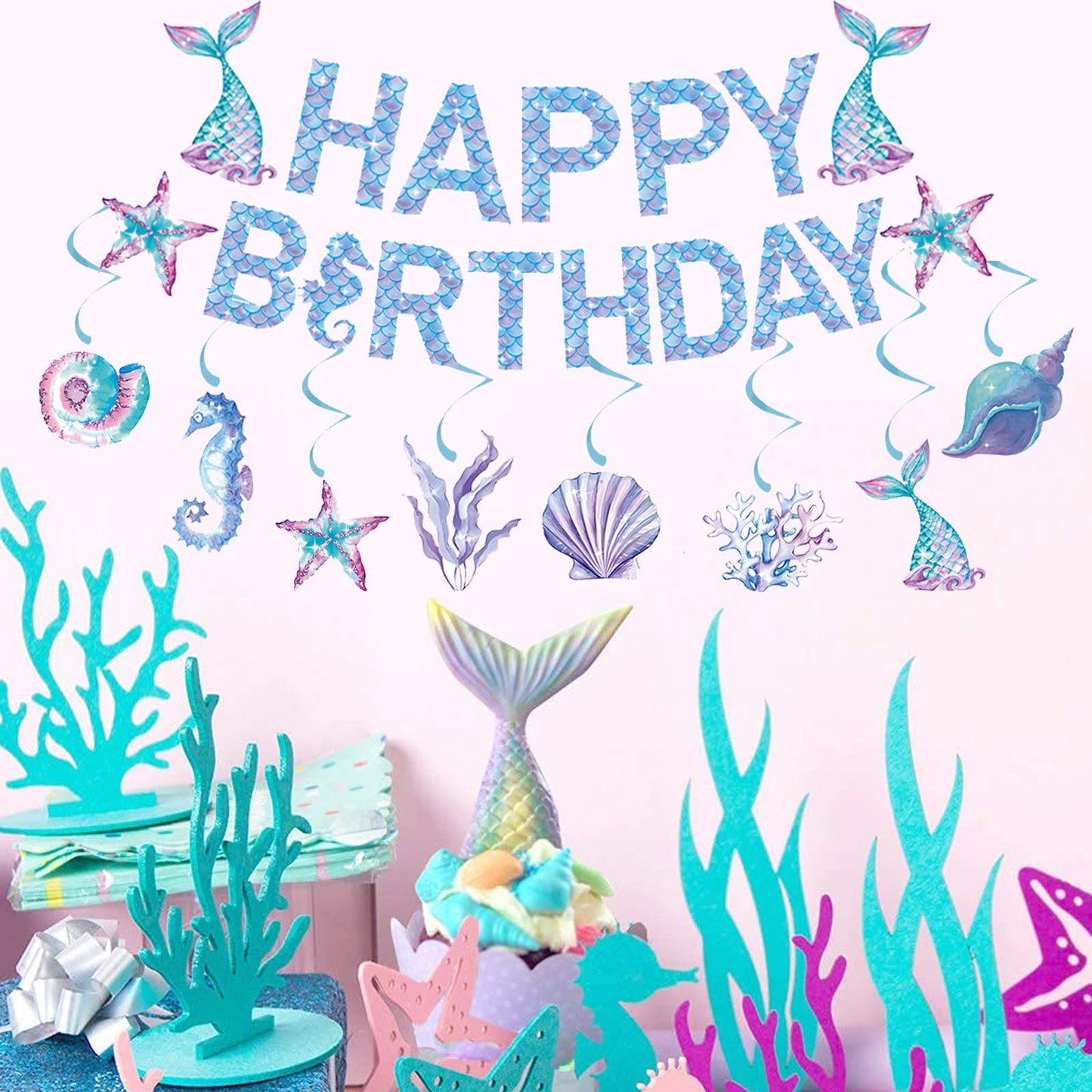 Zwiebeco Mermaid Birthday Party Decoration Supplies - Mermaid Happy Birthday Banner Bunting Garland Hanging Paper Swirls Kit For