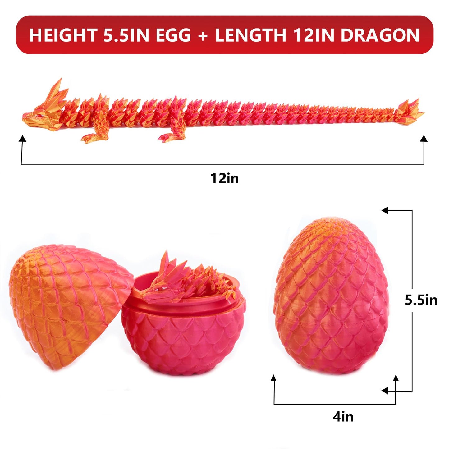 Exqdynm 3D Printed Mystery Dragon Egg Fidget Toy 12'' Crystal Articulated Dragon With Eyes Decorative Collectibles