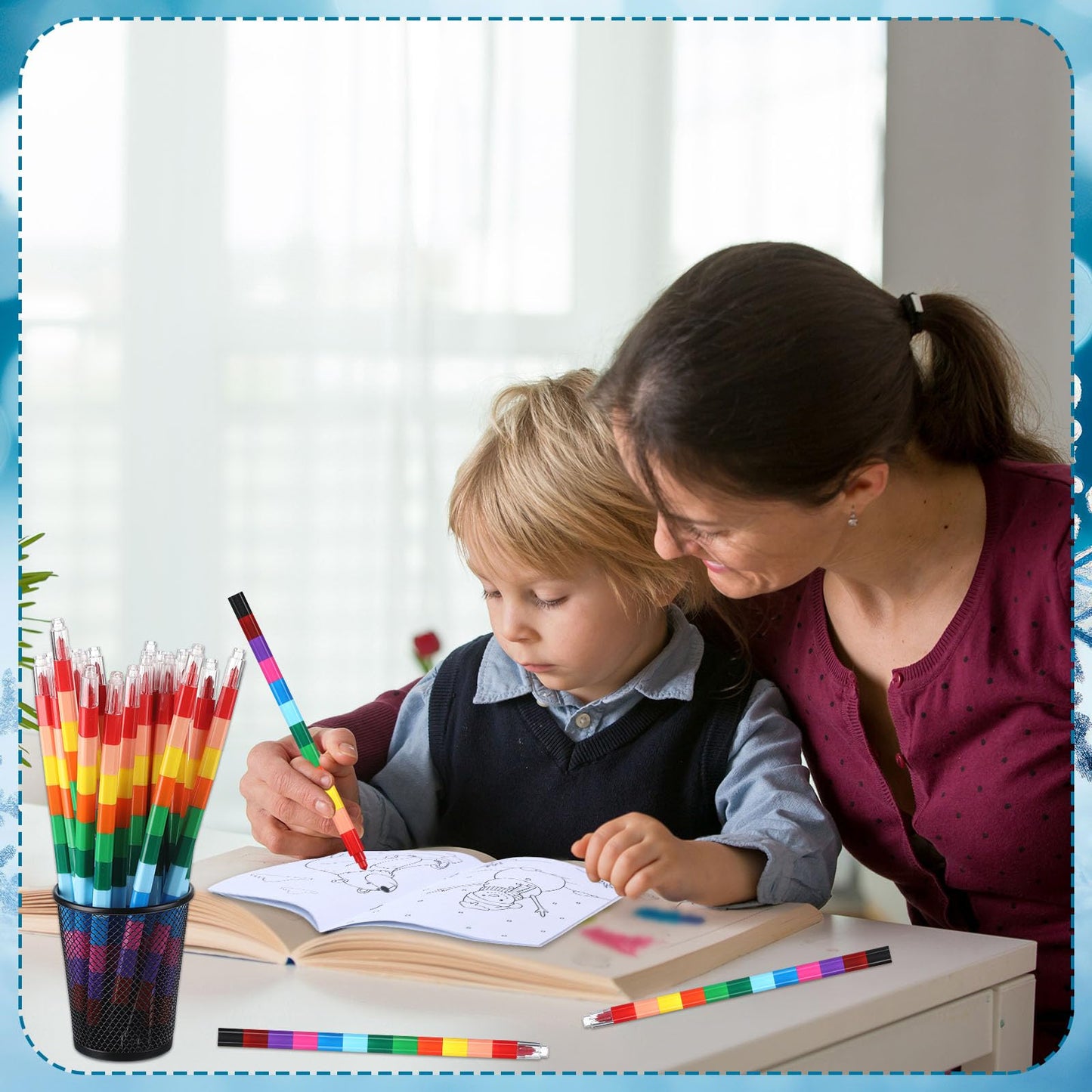 Funrous 24 Sets Winter Coloring Books Bulk Christmas Drawing Pages with Stackable Crayons Polar Bear Glacier Animal Activity Boo