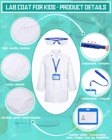 Xtinmee Kids Lab Coat Set - 12 Sets, 36 Pcs, Small, White & Blue, Includes Goggles & ID Card, Perfect for Halloween Dress-Up