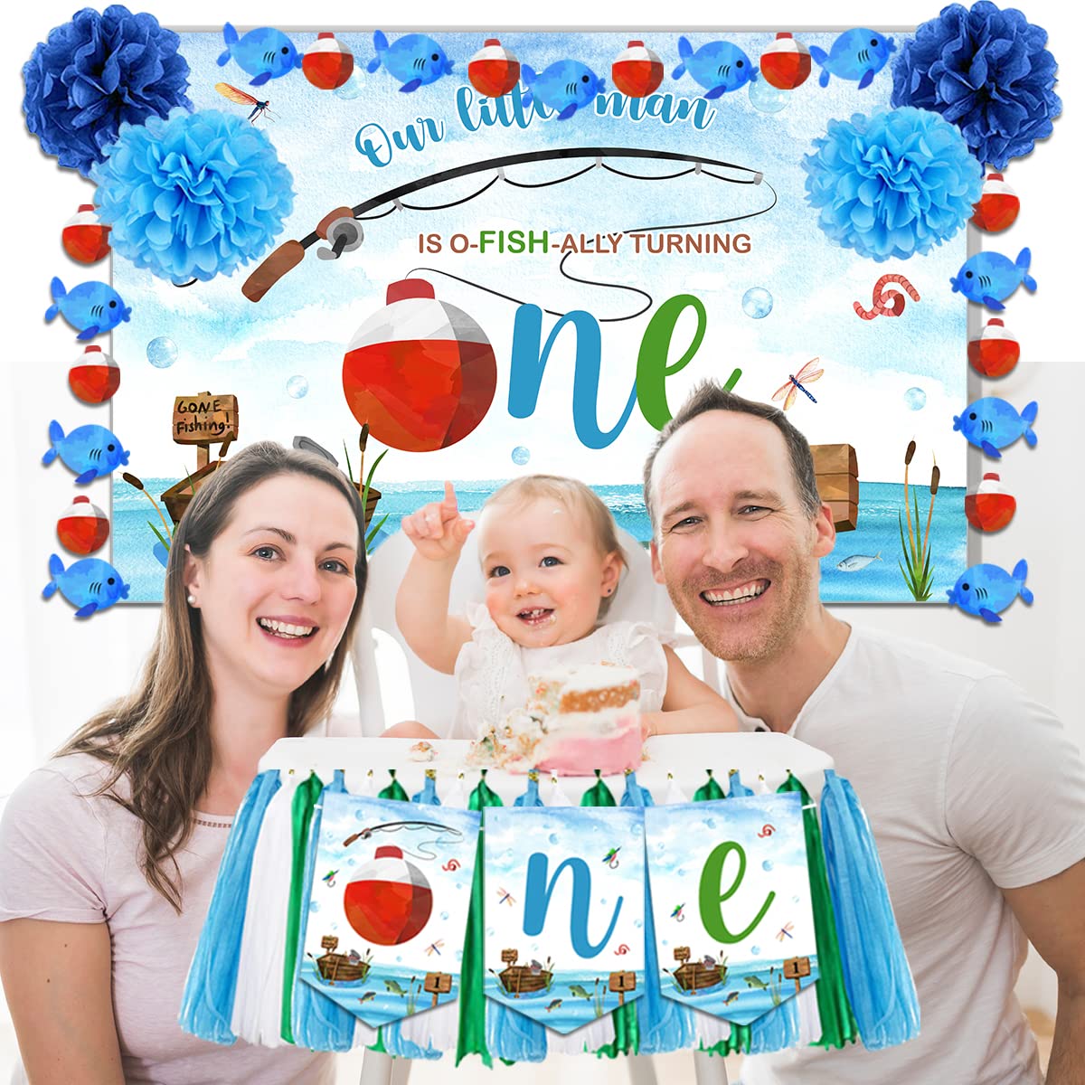 O Fishally One First Birthday Decorations,Gone Fishing Party Supplies Include Fish Bobber Banner,Our Little Man Is Ofishally Tur