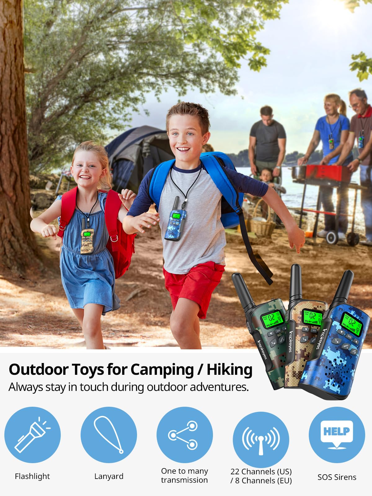 Inspireyes Walkie Talkies For Kids Rechargeable, 48 Hours Working Time 2 Way Radio Long Range, Outdoor Camping Games Toy Birthday Xmas Gift For Boys Age 8-12 3-5, 2 Pack Camouflage