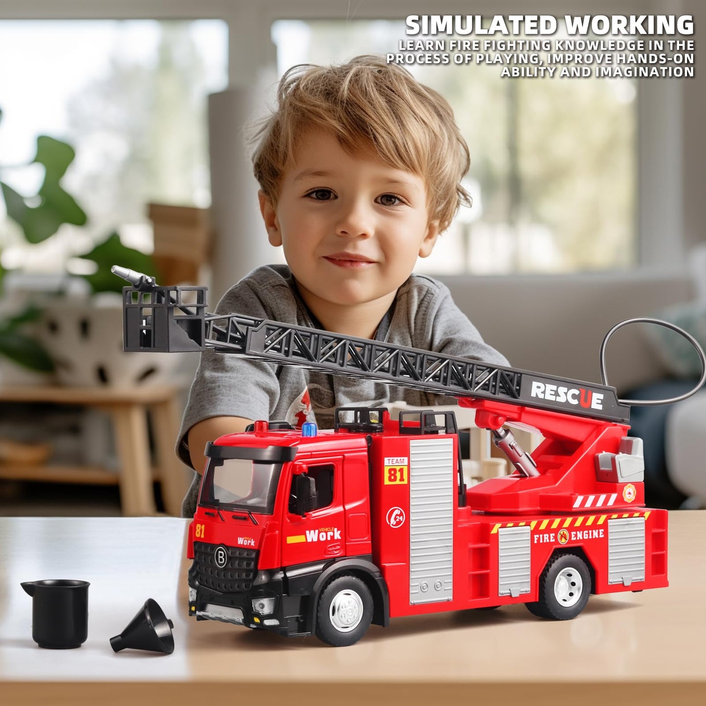 OANMYJJO Boy Fire Truck Toy - Metal DieCast Fire Truck Model with Water-Spraying, Simulated Sound and Light, Retractable Rescue