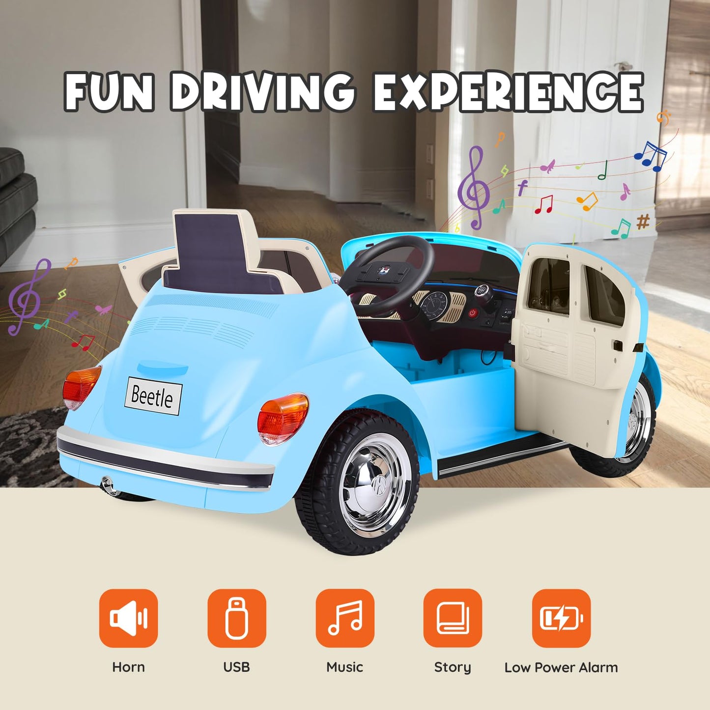 Xcar 12V Electric Car For Toddlers, Ride On Car With Remote Control, Led Light, 3 Speeds, Music, Bluetooth, 3-5 Years Old, Blue