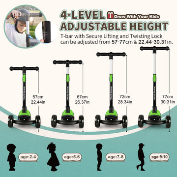 Besrey Kick Scooter For Kids Ages 3-10, 3 Wheel Scooter For Kids With Adjustable Height, Folding Kids Scooter With Led Light Wheels Rear Brak Extra Wide Deck Outdoor Activities For Boys/Girls (Green)