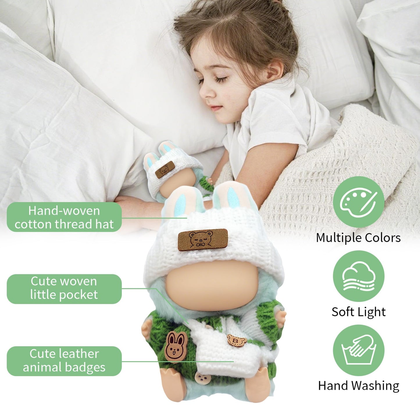 Clothes for 17cm Dolls (NO Doll) Handcrafted Crochet Outfits for 17cm Doll with Accessories Boy and Girl 5-Piece Clothes Set Cute Stylish Clothing with hat and Bag for Dolls Dress up (Green)