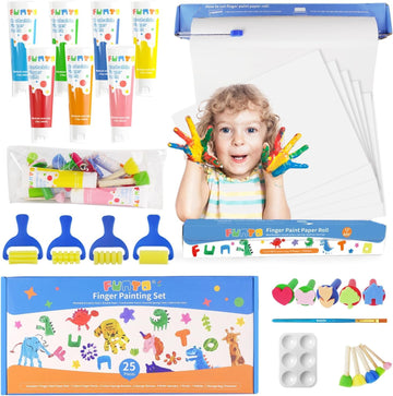 Funto Kids Washable Finger Paint Set, 25 PCS Non Toxic Art Painting Supplies for Baby, Includes Finger Paint Paper Roll, Brush S