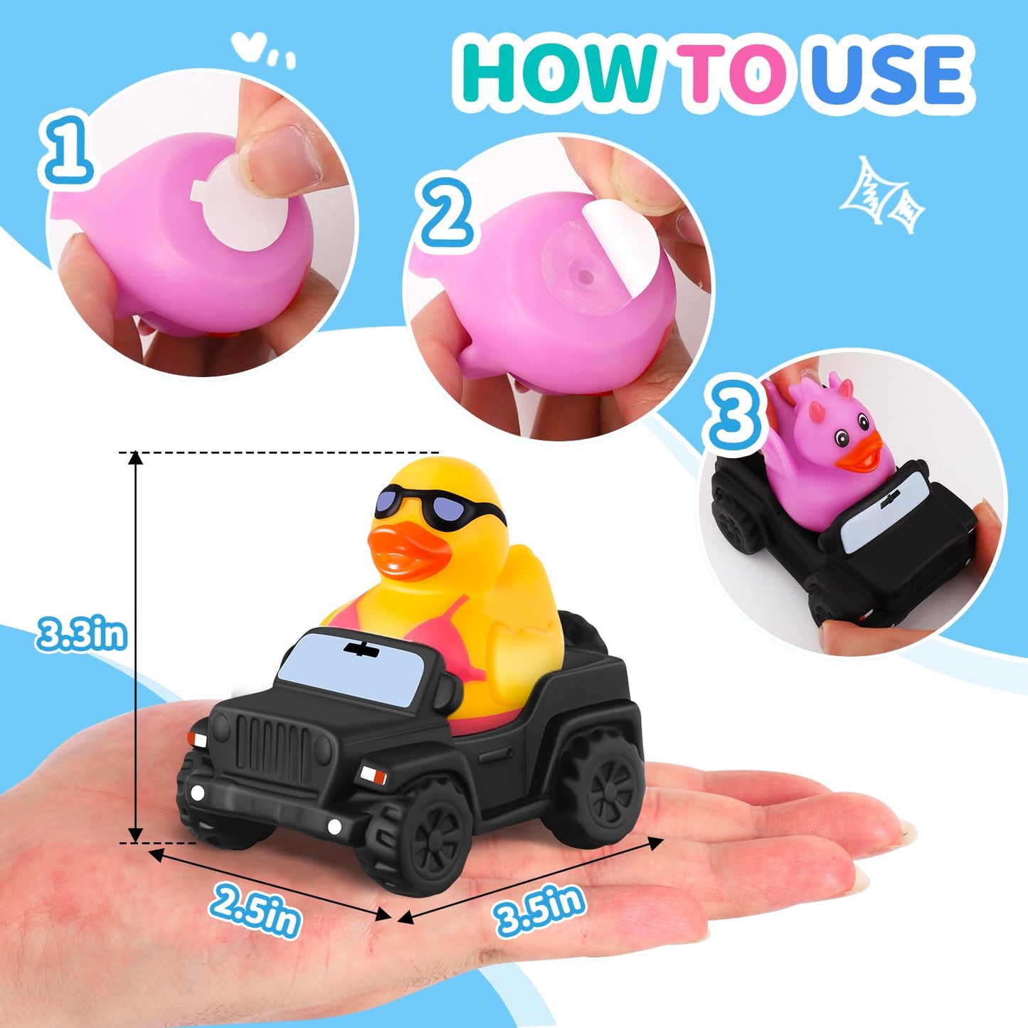 24 Pcs Jeep Ducks Rubber Ducks, 3.5 Inch Jeep Ducks For Ducking, Jeeps Suitable For 2 Inch Ducks, 12 Rubber Ducks Assortment Wit