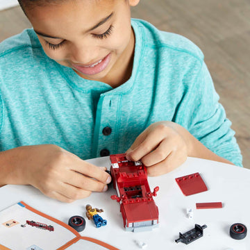 Mega Hot Wheels Building Toy Race Car Playset, 83 Chevy Silverado With 89 Pieces, 1 Micro Action Figure Driver, Red, Kids Age 5+ Years