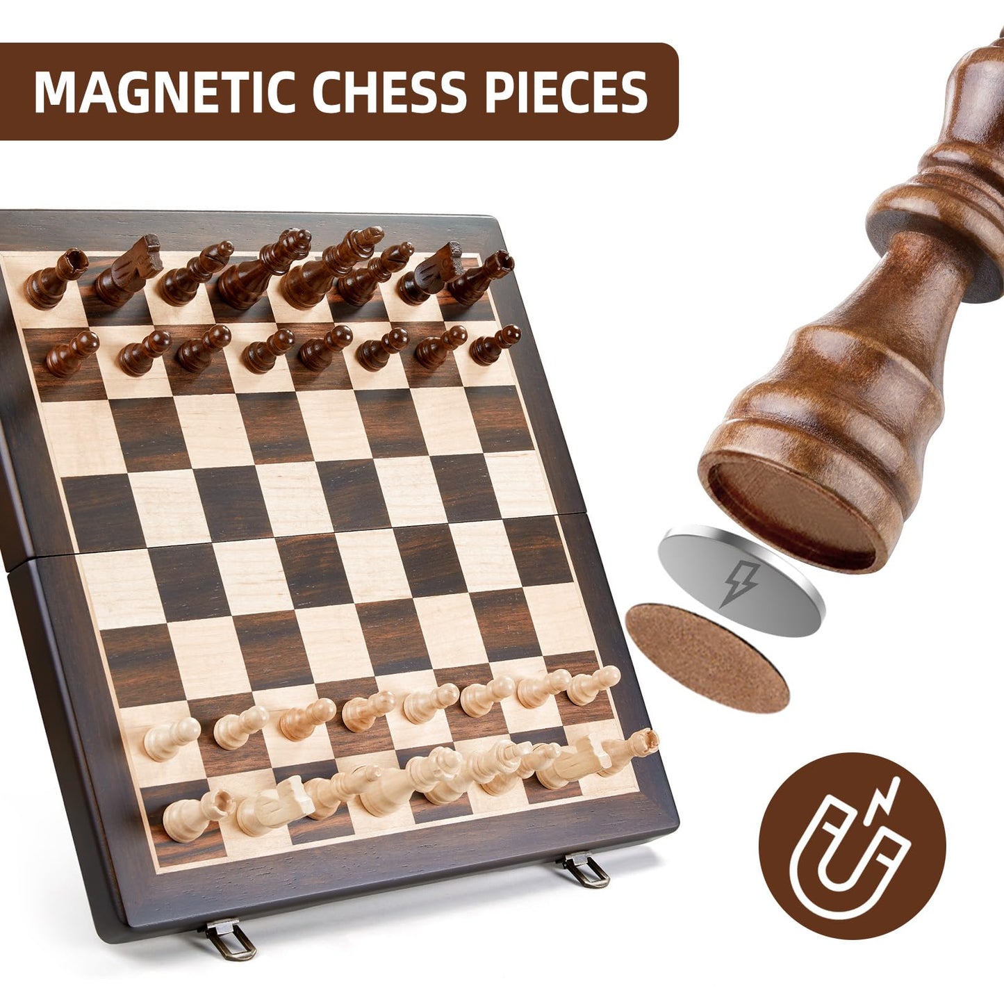 Elongdi Magnetic Wooden Chess Set For Adults Kids,15' Folding Chess Board With Wood Texture 2 Extra Queens - Handmade Pieces Travel Board Games For Professional Beginner