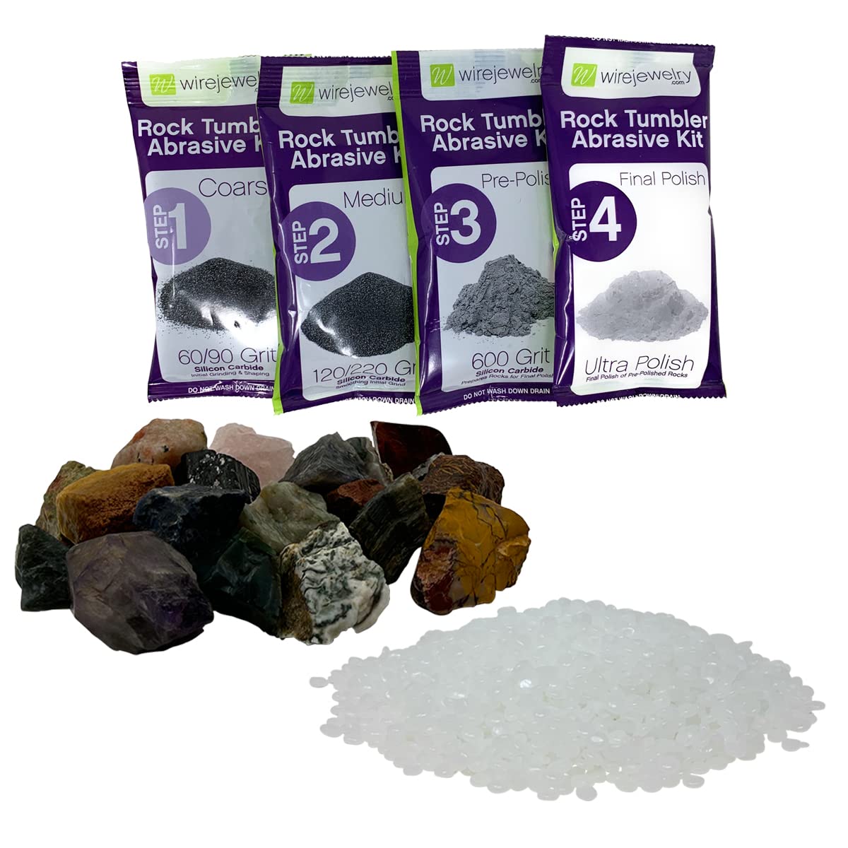 Wirejewelry Gemstones Of The World Tumbler Refill Kit - 1.5 Lbs. Of Handpicked Rock, 1 Batch Of 4 Step Abrasive Grit And Polish