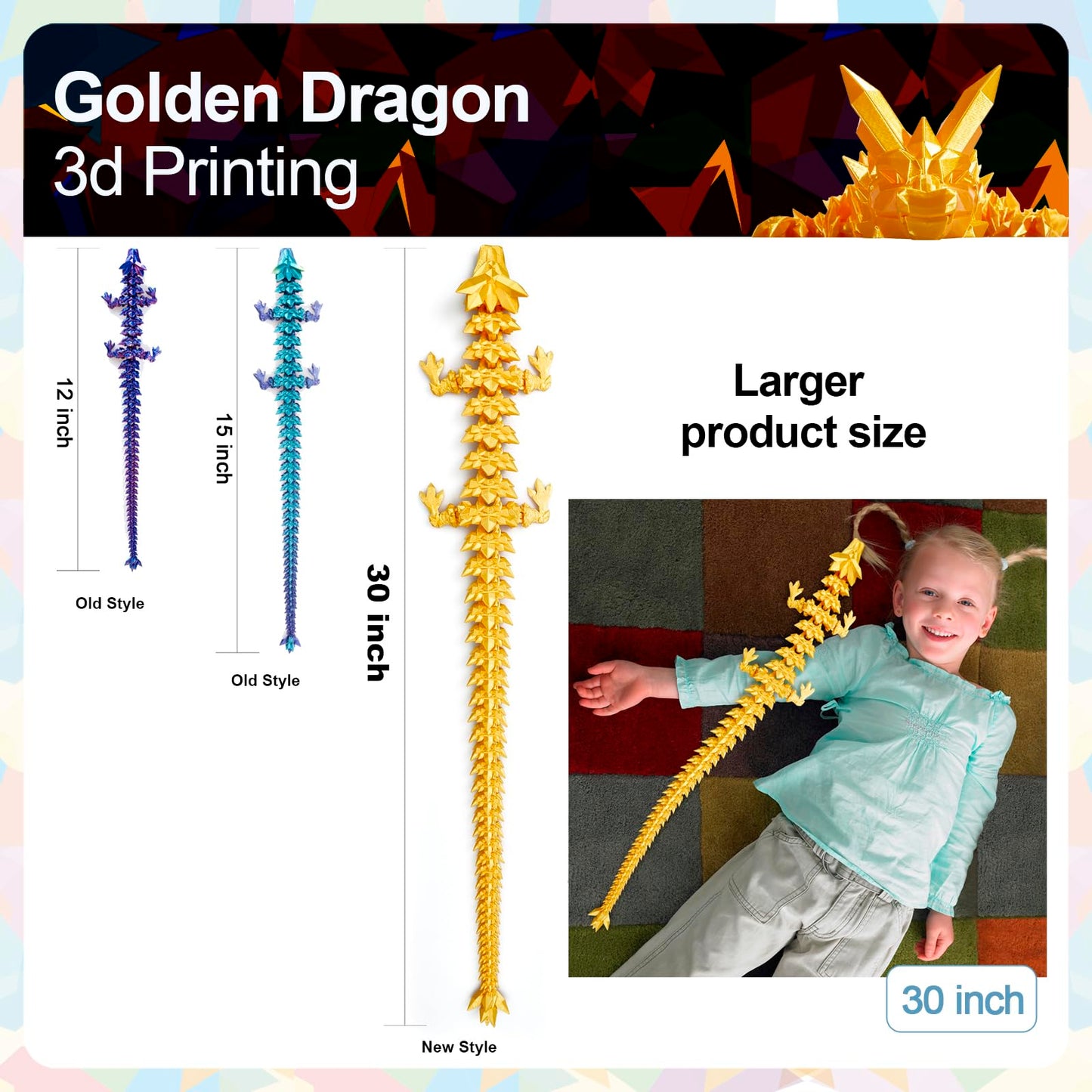 Rwsefk 30 In 3D Printed Dragon, 30Inch Dragon,3D Dragon Toy,Large Dragon Present,Ariculated Crystal Dragon(Gold)