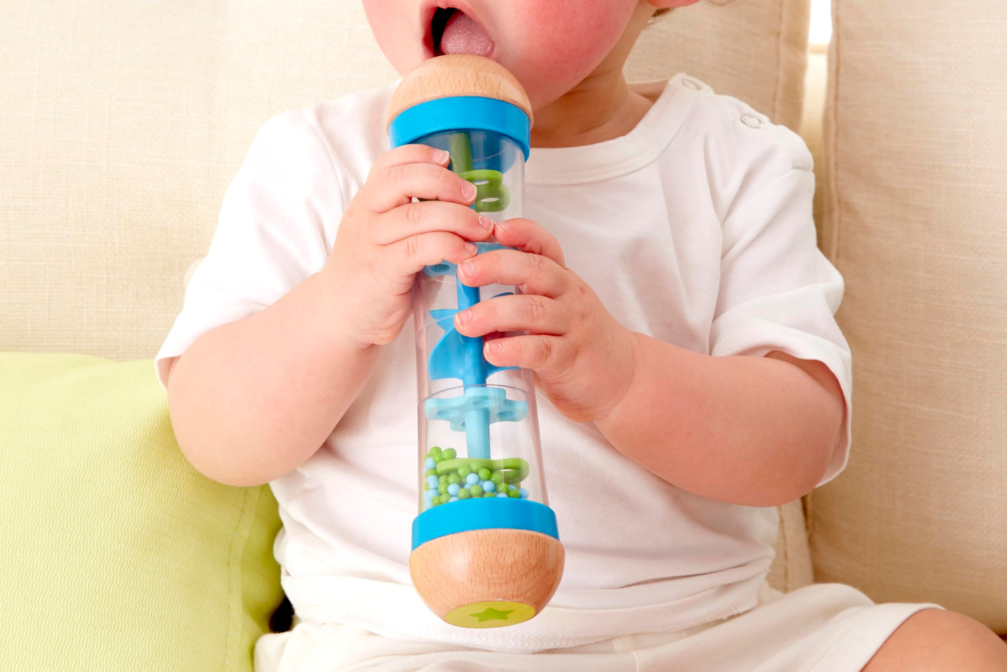 Hape Beaded Raindrops | Mini Wooden Musical Shake & Rattle Rainmaker Toy, Blue, Model Number: E0328B