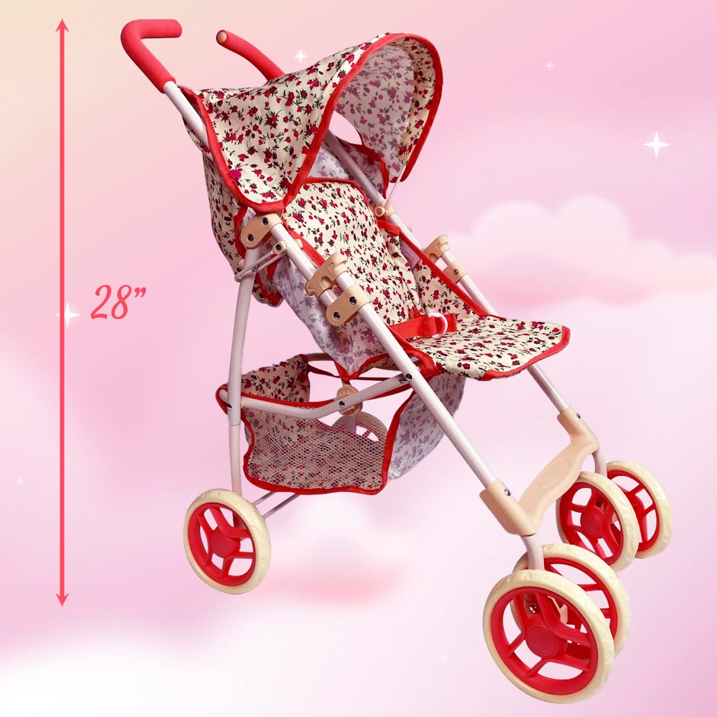 The New York Doll Collection Baby Doll Stroller - 28” Floral Toy Stroller with Canopy, Mesh Basket, Rubber Tires, Model A226