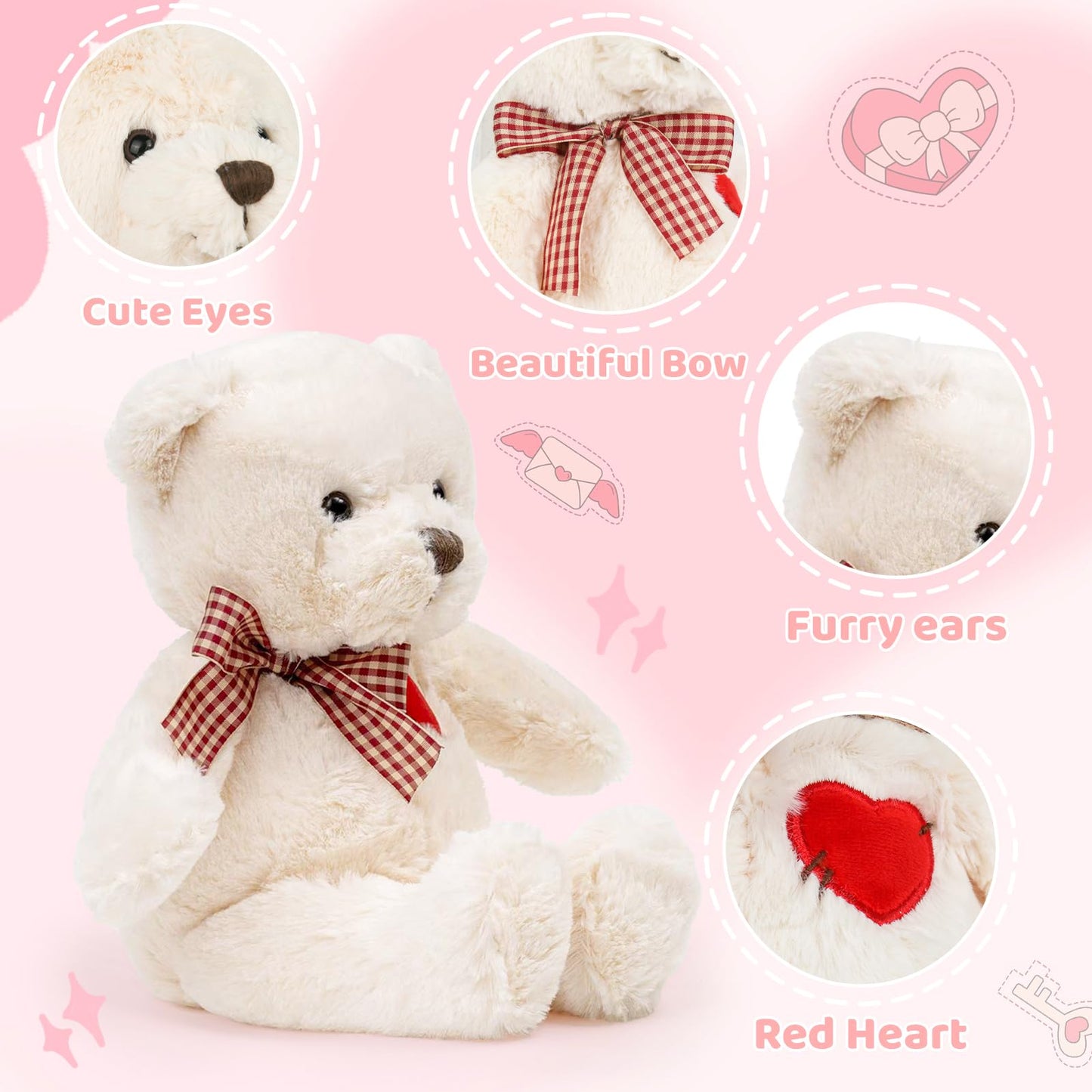 Riuhot Small Teddy Bear With Heart Cute White Teddy Bear Stuffed Animal Valentine'S Day Soft Stuffed Bear Plush Bear Plushie Toy