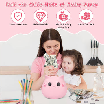 Jizwpoom Piggy Bank Girls, Coin Piggy Bank Cat Money Saving Box Gifts For Kids, Bank Coin Box Cat Coin Bank Cute Unbreakable Piggy Bank Toy For Girls Boys Adults Birthday Baby Shower