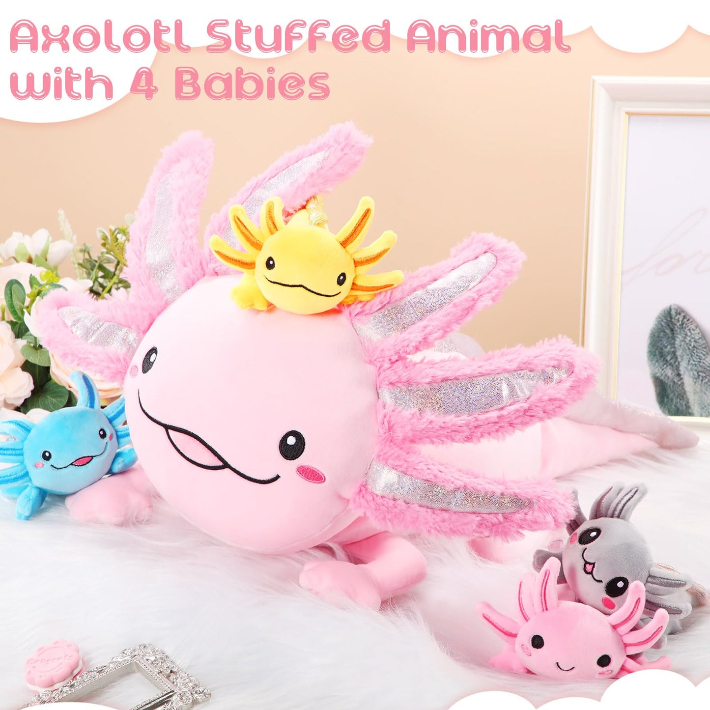Aoriher 5 Pcs Axolotl Plush Set 24 Inch Mommy Axolotl Stuffed Animal With 4 Cute Plush Babies In Belly Soft Cuddly Plushie For Kids Sleeping Birthday Graduation Gift Party Favors(Pink)