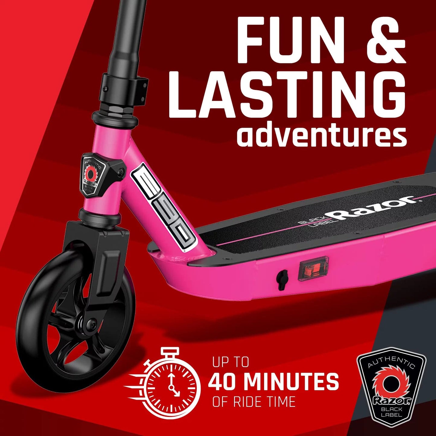 Razor Black Label E90 Electric Scooter For Kids Age 8 And Up, Power Core High-Torque Hub Motor, Up To 10 Mph, All-Steel Frame