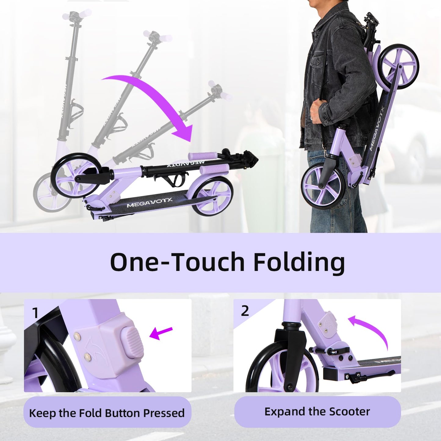 Megavotx Foldable Kids Scooter with 8 inch Sturdy Wheels - Scooters for Kids Teens mature-themeds Ages 6+ Adjustable Handlebar Gift for Boys&Girls 220lbs Max Load Capacity Bearing ABEC7 - Purple
