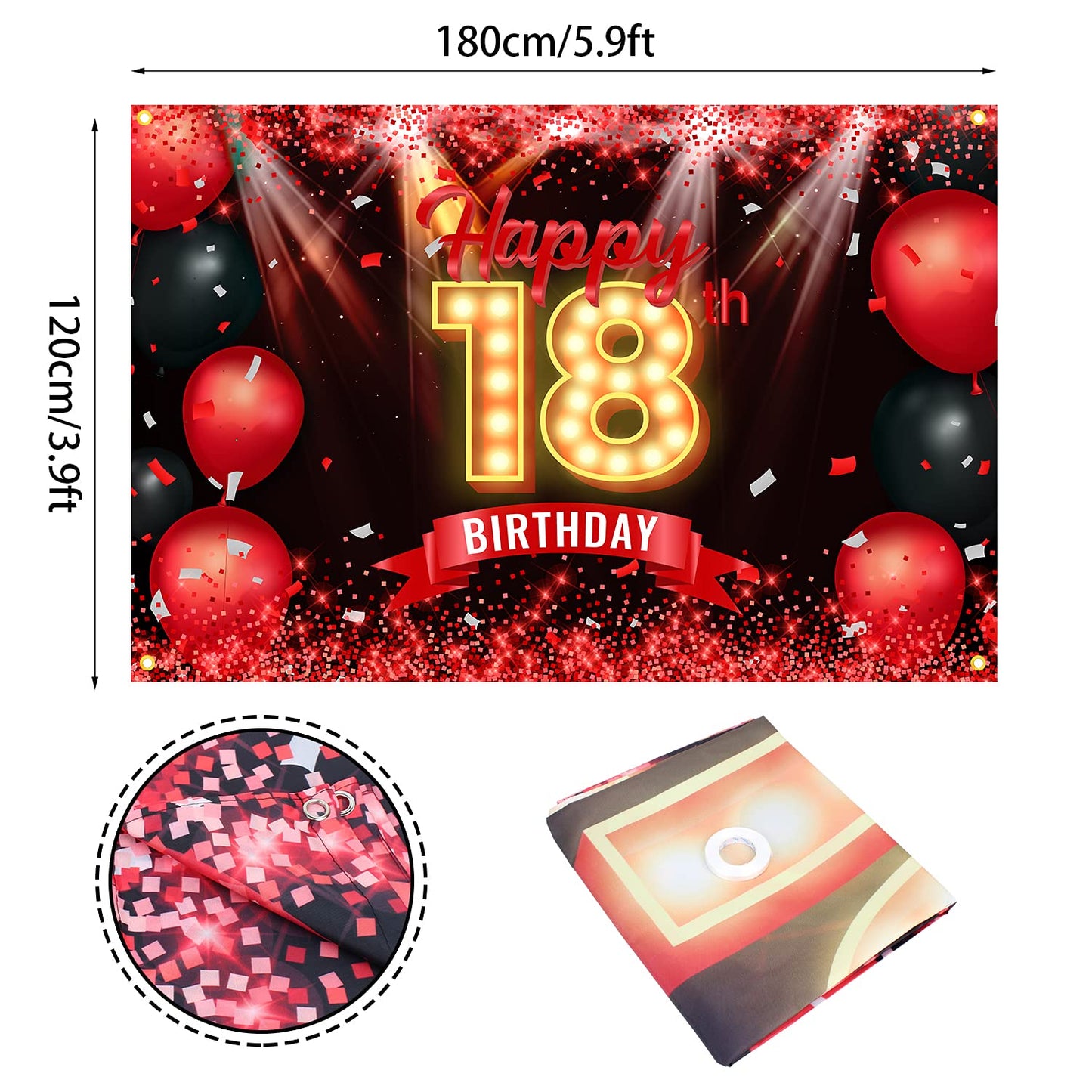 Happy 18Th Birthday Banner Backdrop Red And Black 18 Years Old Background Bday Decorations For Girls Boys Photography Party Supplies Glitter