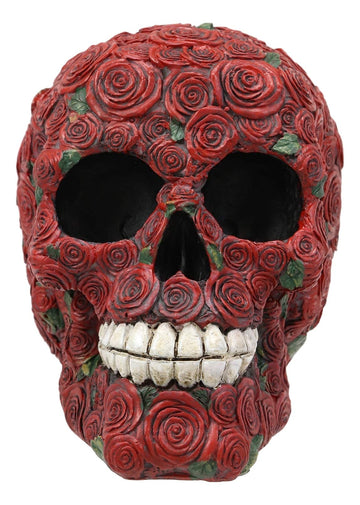 Ebros Valentine'S Day Of The Dead Red Floral Roses With Green Petals Skull Figurine Dod Rosa Sugar Skulls Statue As Cranium Skeleton Head Halloween Ossuary Macabre Altar Decor Collectible