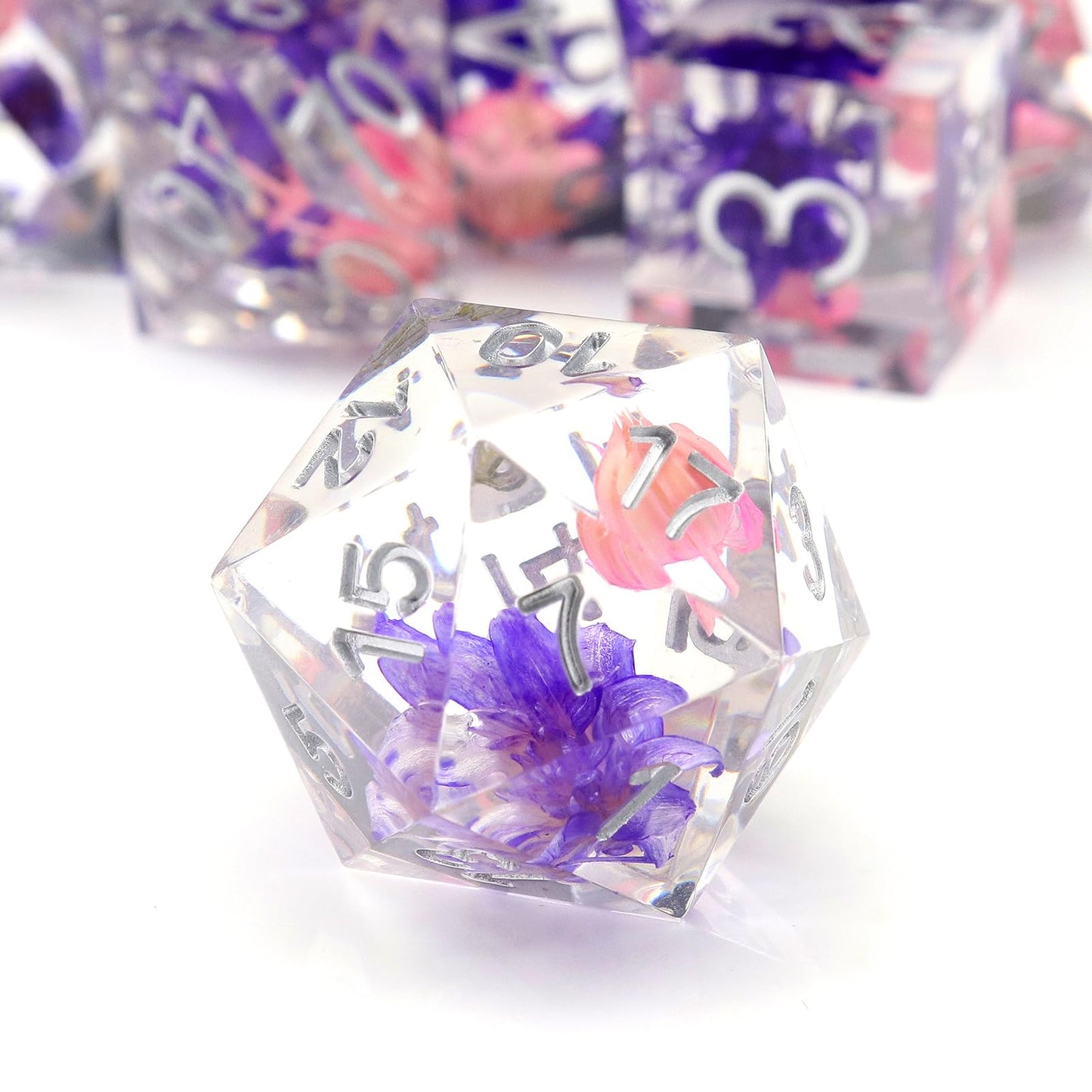 PJOY DND Sharp Edged Dice Set, 7pcs Pink and Purple Flower DND Dice Set Resin D&D Polyhedral Dice with Dice Case for Role Playin