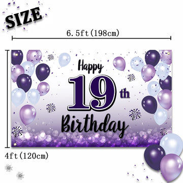 LASKYER 19th Birthday Decorations - Purple Balloon Banner Backdrop, Polyester Sign for Nineteen Years Old Bday Party Supplies